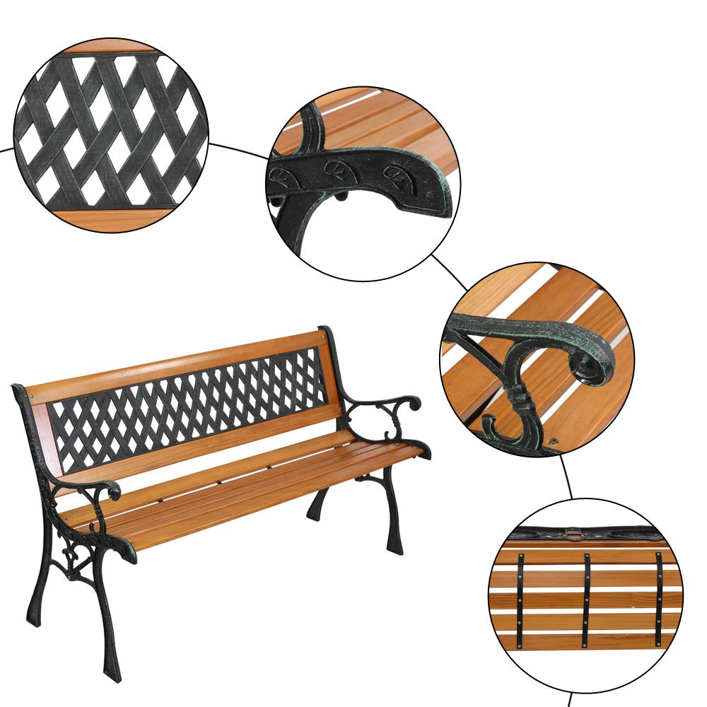 49-Inch Outdoor Garden Bench - Natural Hardwood Patio Park Bench with Bronze Cast Iron Frame & Weave Pattern - Rustic Elegant Porch, Deck & Backyard Seating for Relaxing & Outdoor Decor