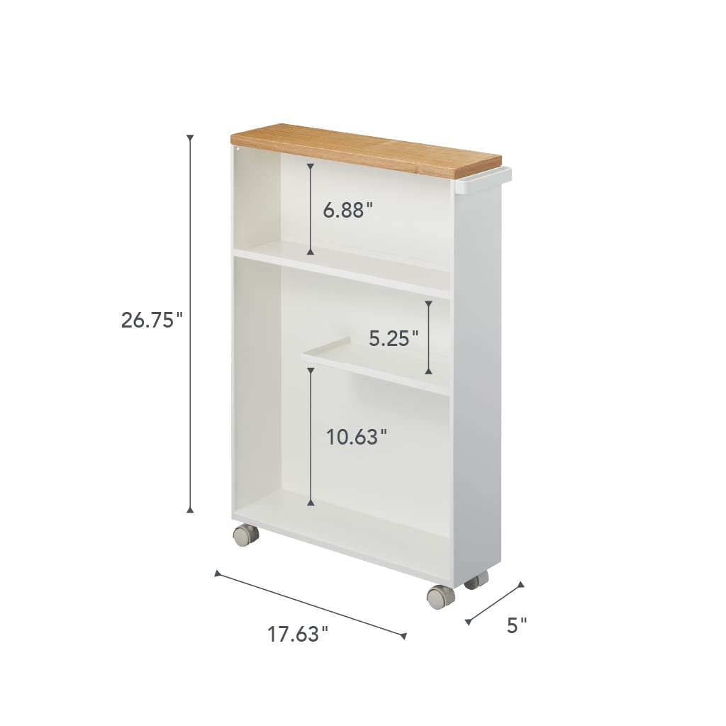 Yamazaki Home Slim Rolling Bathroom Utility Cart with Handle - White Steel Storage Shelf & Narrow Organizer Rack for Small Spaces | Perfect for Bathroom, Kitchen, Laundry Room or Closet Organization