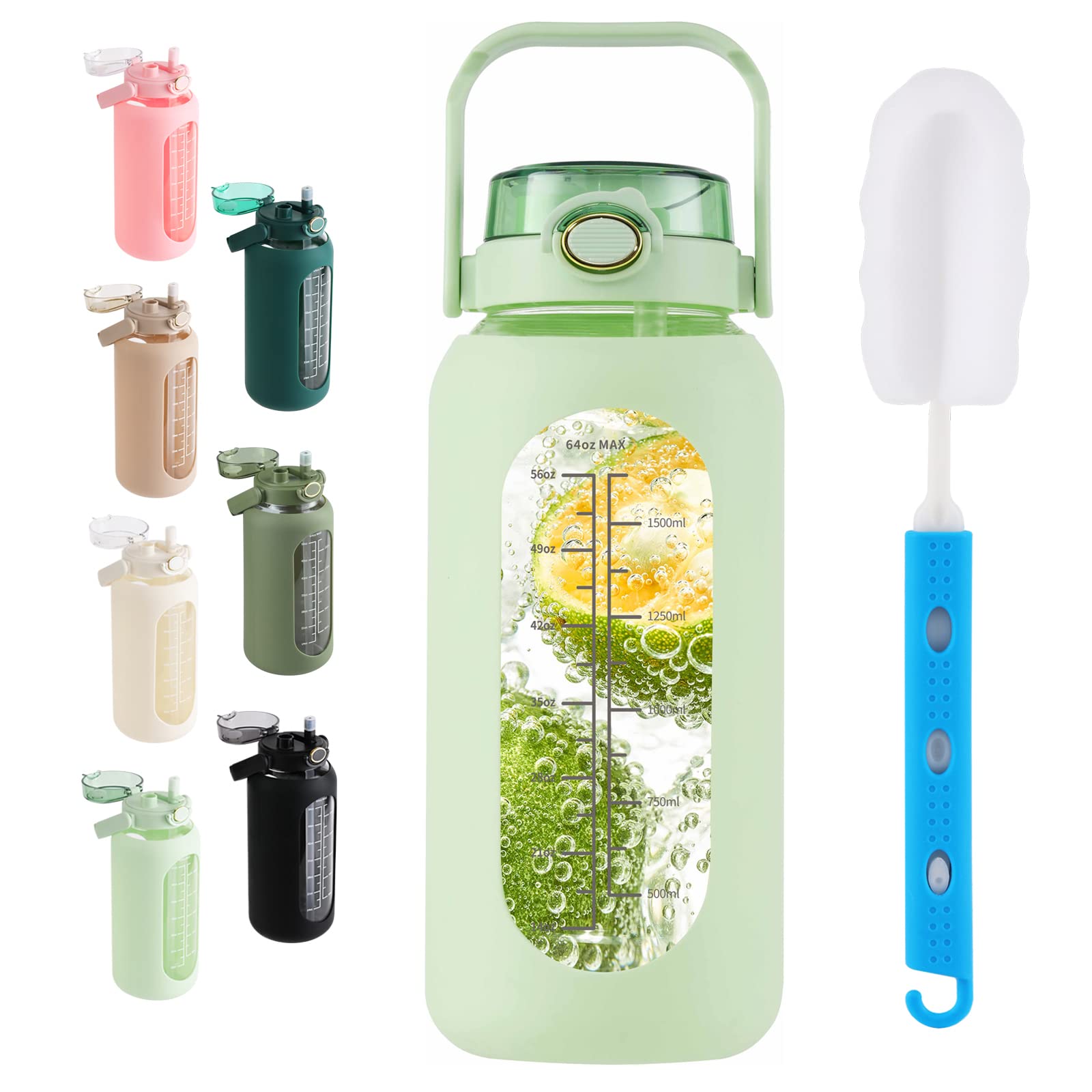 64oz Glass Water Bottle with Straw & Handle - Half Gallon Motivational Water Jug with Silicone Sleeve & Time Markers - Large Reusable Sports Bottle for Gym, Home, Workout & Outdoor Activities