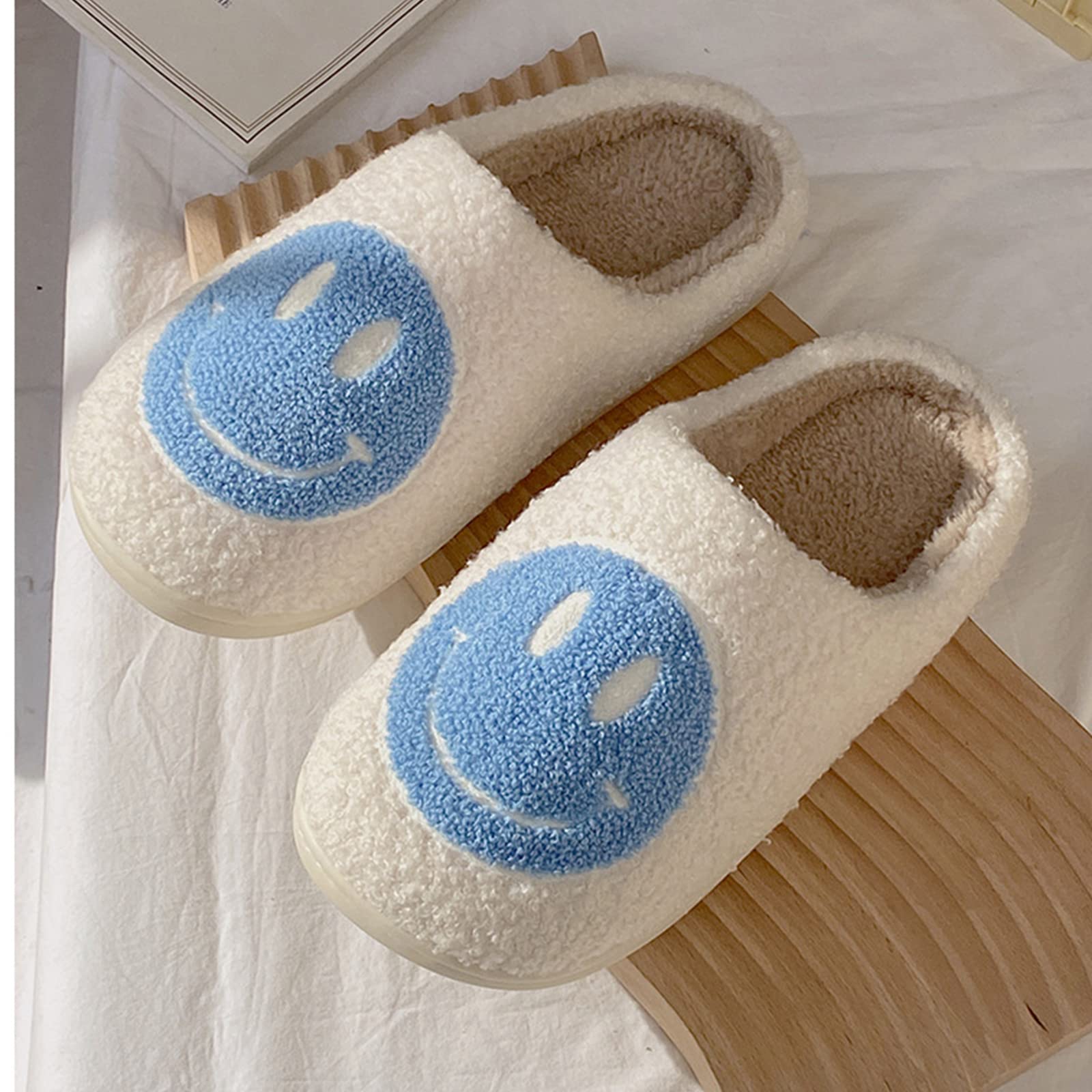 Women's Smile Face Slippers - Soft Plush Retro Preppy Happy Face Slip-On Slippers for Indoor & Outdoor Use | Cozy House Shoes for Lounge, Dorm, Beach & Casual Wear