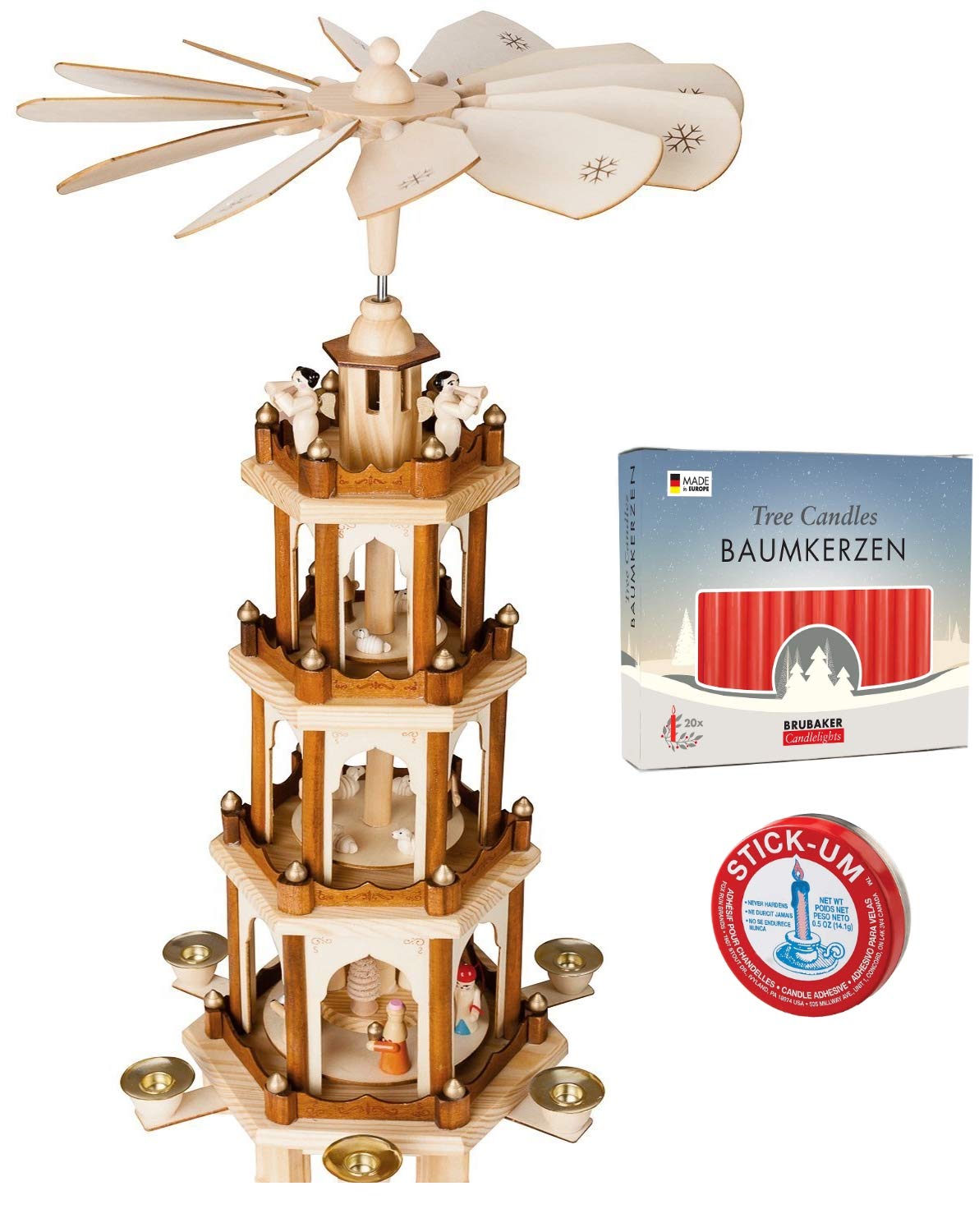 BRUBAKER 4-Tier Christmas Pyramid Decor Set - 24 Inch Wooden German Holiday Ornament with 20 Red Candles & Candle Adhesive - Perfect for Holiday Home Decor, Christmas Tree Topper, and Festive Table Centerpiece