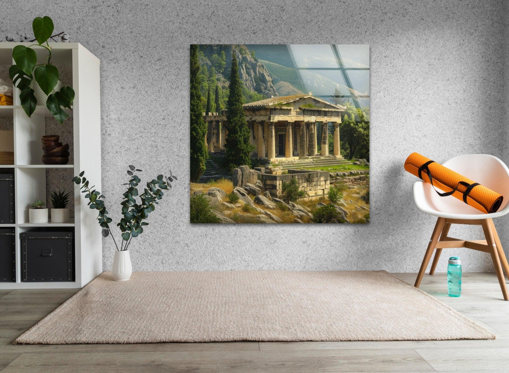 Ancient Greek Temple Stained Glass Wall Art - Handmade Window Panel for Home Decor, Church, and Office