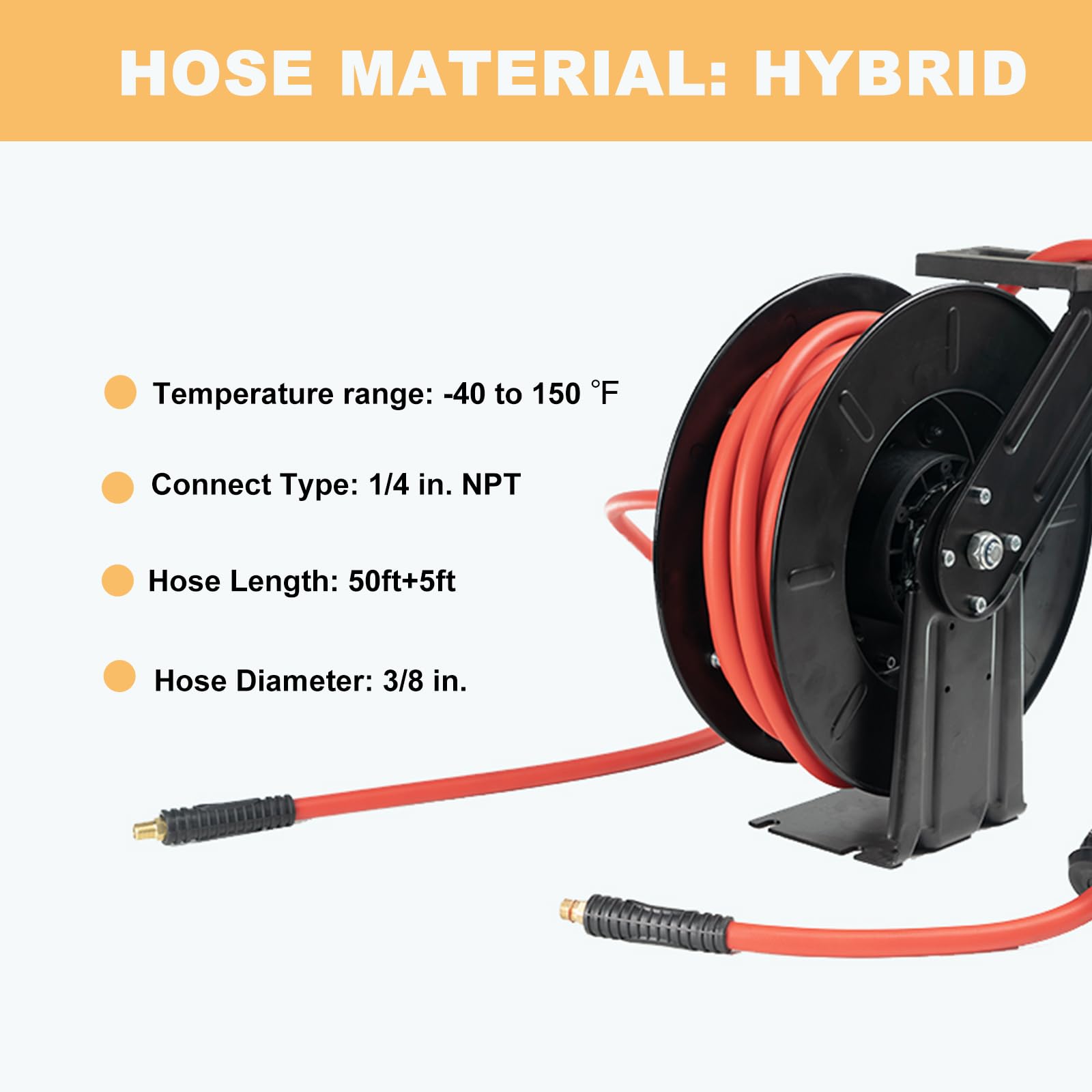 BHTOP 50 Ft Retractable Air Compressor Hose Reel - 3/8