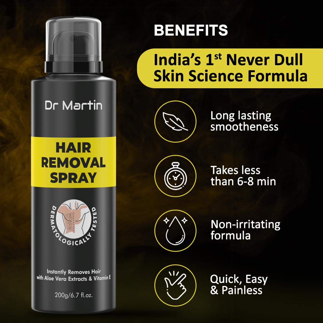 Dr. Martin Hair Remover Spray for Men & Women (200ml) - Painless Body Hair Removal Cream Spray for Back, Chest, Legs, Arms, Underarms & Bikini Area | Smooth Skin for Summer, Beach & Intimate Grooming