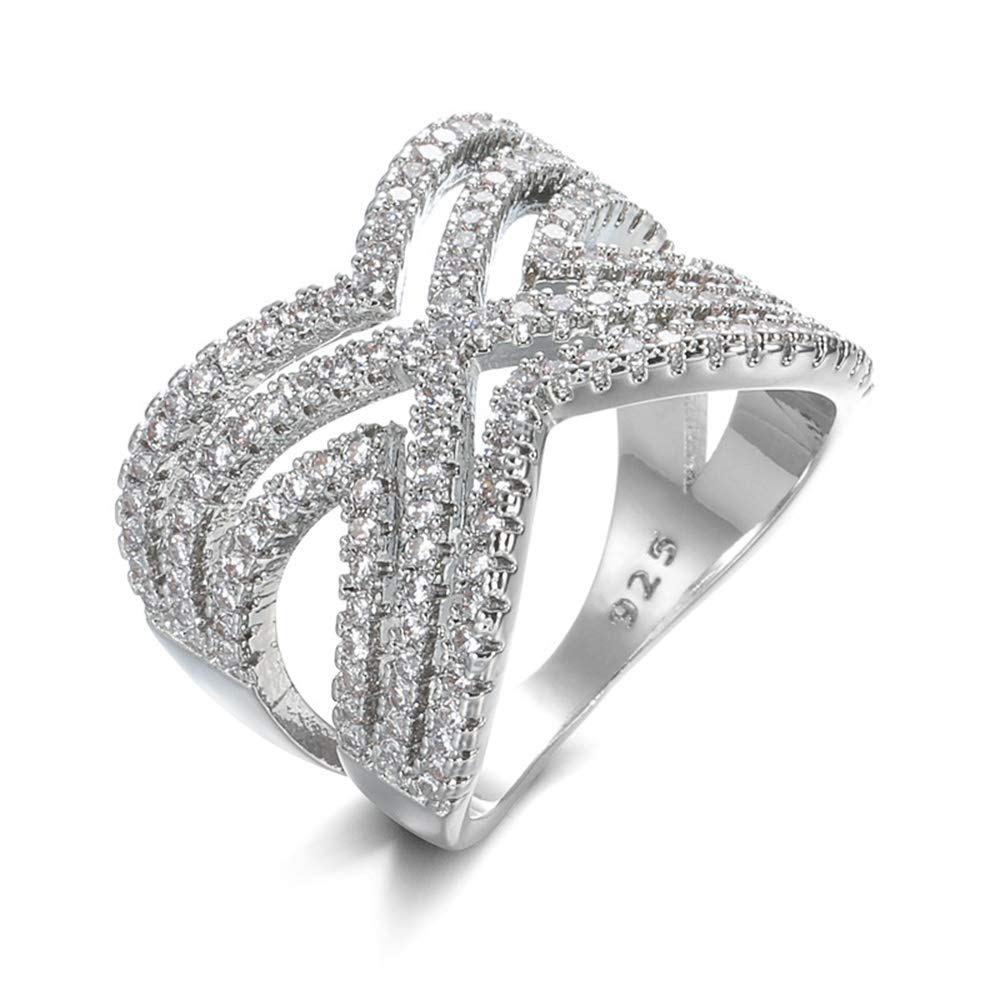 SixTwo 925 Sterling Silver Shiny Full Diamond AAA Cubic Zirconia Rings for Women - Multi Row X Cross Eternity Wedding Band, Engagement & Anniversary Jewelry Gift (Perfect for Bridal, Prom, Date Night & Special Occasions)
