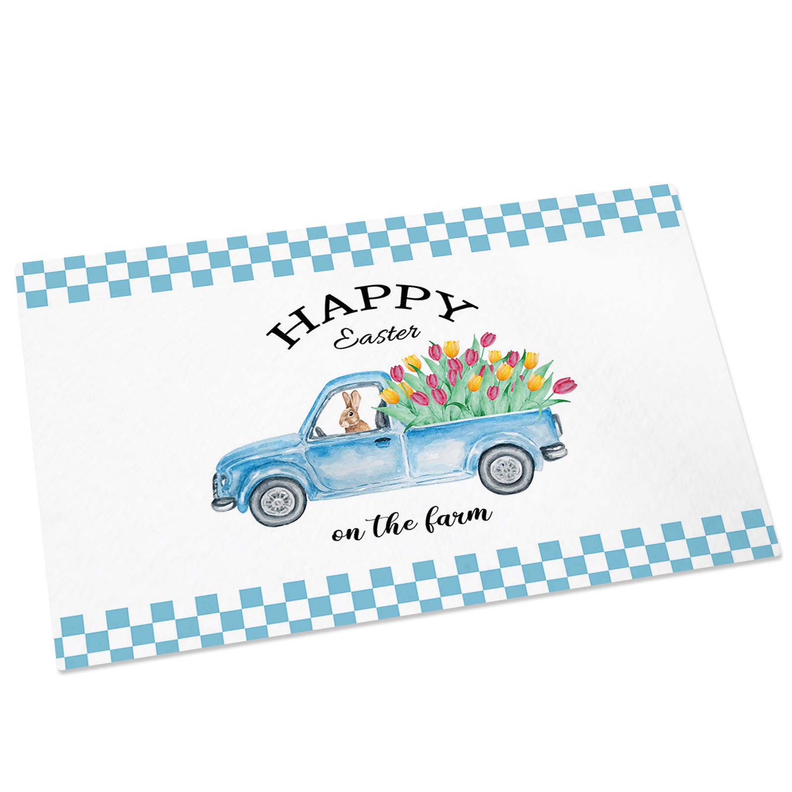 Non-Slip Watercolor Farm Truck with Tulips Doormat - Easter Home Decor for Kitchen, Bathroom & Living Room Entrance - Cozy Indoor Floor Mat for Front Door Decorations