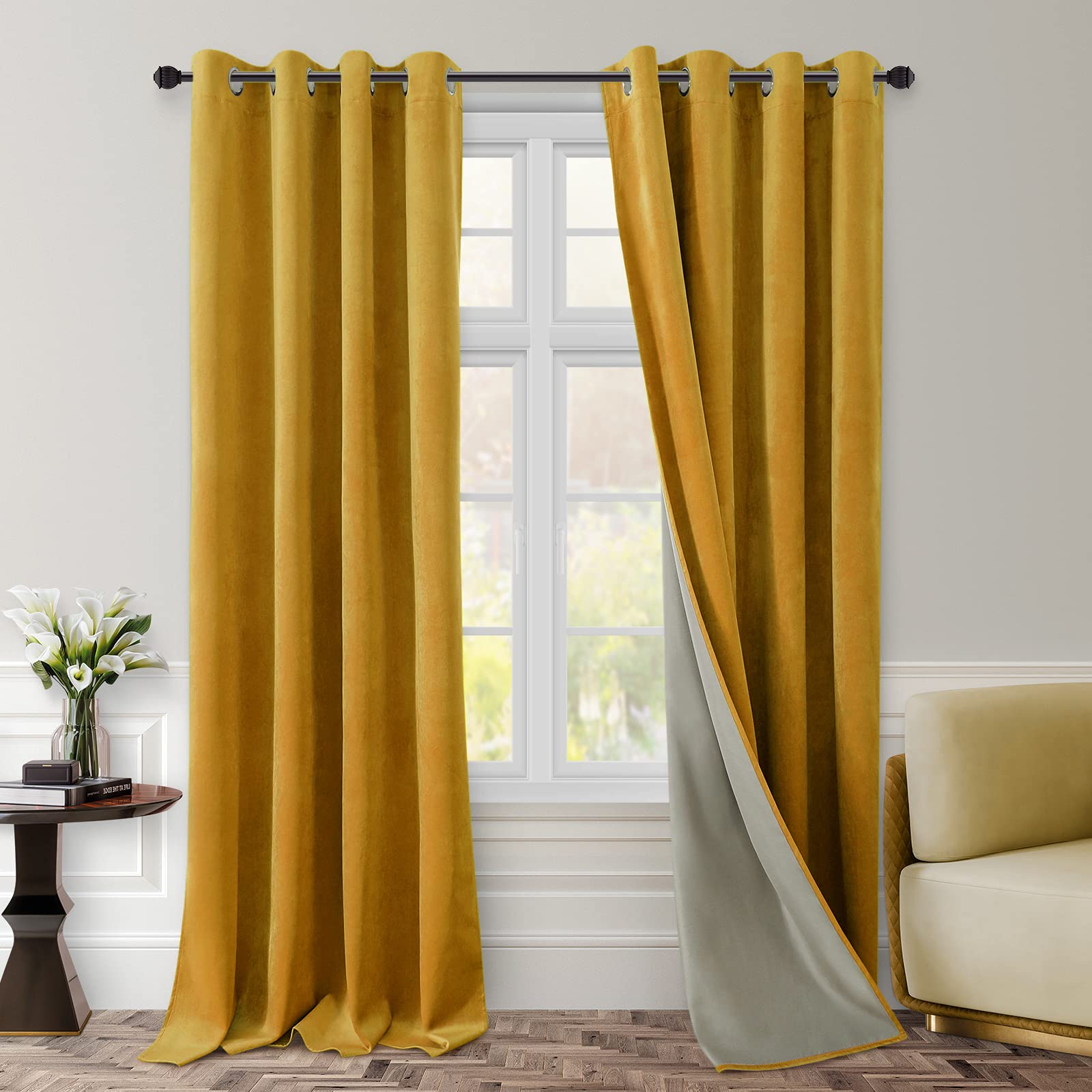 Premium 100% Blackout Velvet Curtains - Mustard Yellow Room Darkening Drapes (52x96 Inch, 2 Panels) for Bedroom & Living Room | Noise Reducing, Thermal Insulated Window Treatments for Better Sleep & Energy Efficiency