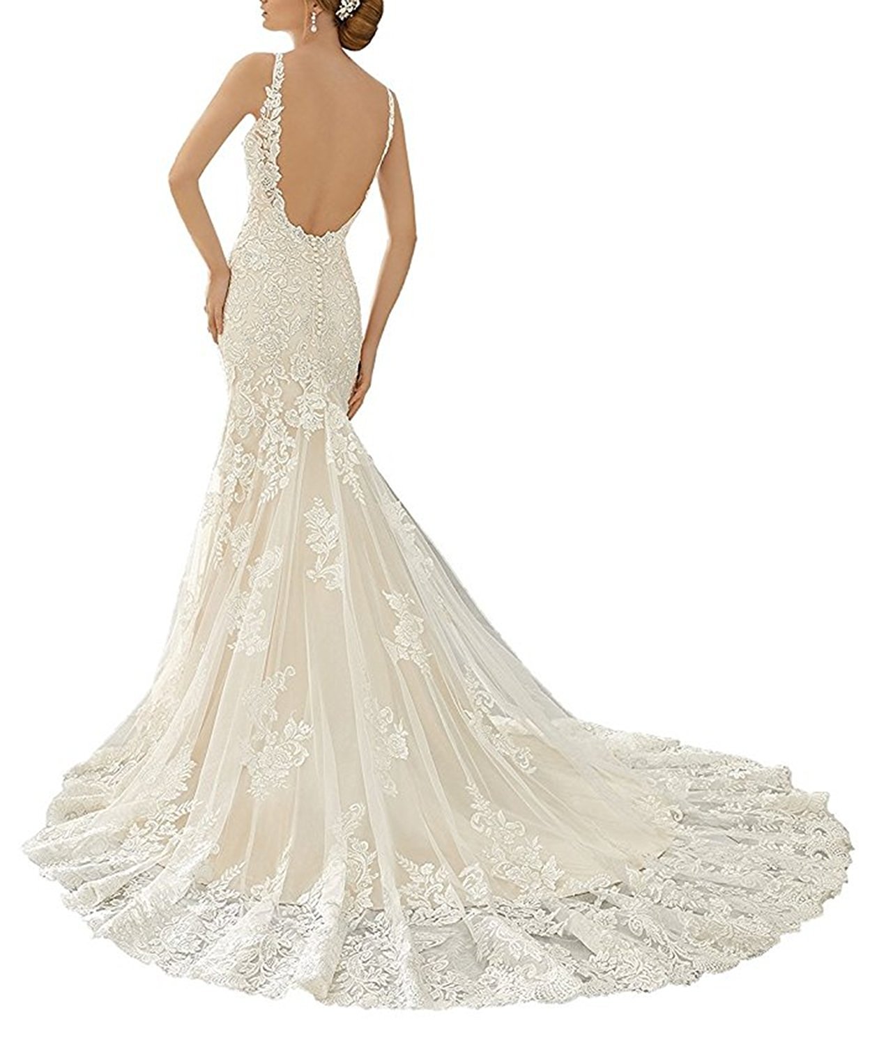 Elegant White Floral Lace V-Neck Mermaid Wedding Dress with Open Back - Size 4 for Bride | Perfect for Beach, Church, and Formal Wedding Ceremonies