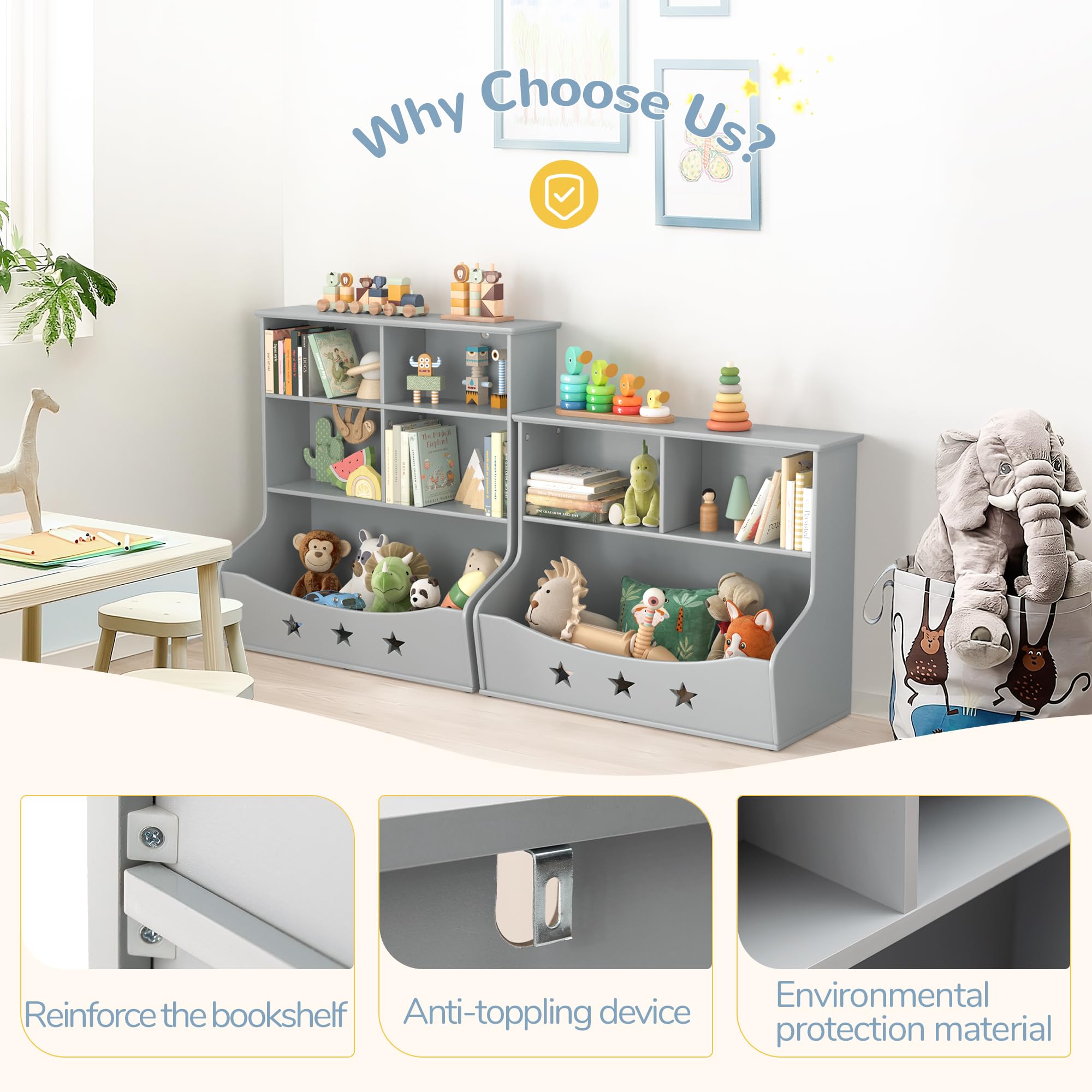Wooden Kids Bookshelf with 5 Cube Storage - 3-Tier Open Bookcase & Toy Organizer for Nursery, Playroom, Bedroom - Gray Star Pattern Shelf for Books & Toys Storage | Perfect for Montessori, Daycare & Home Organization
