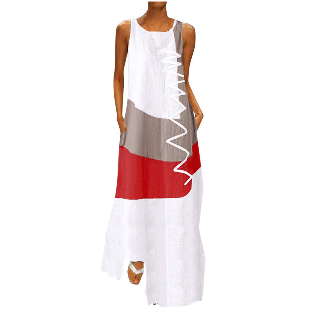 Eaktool Women's Plus Size Vintage Patchwork Bohemian Sleeveless Maxi Dress - Flowy O-Neck Midi Dress for Juniors | Perfect for Beach Vacations, Summer Outings & Boho Chic Style