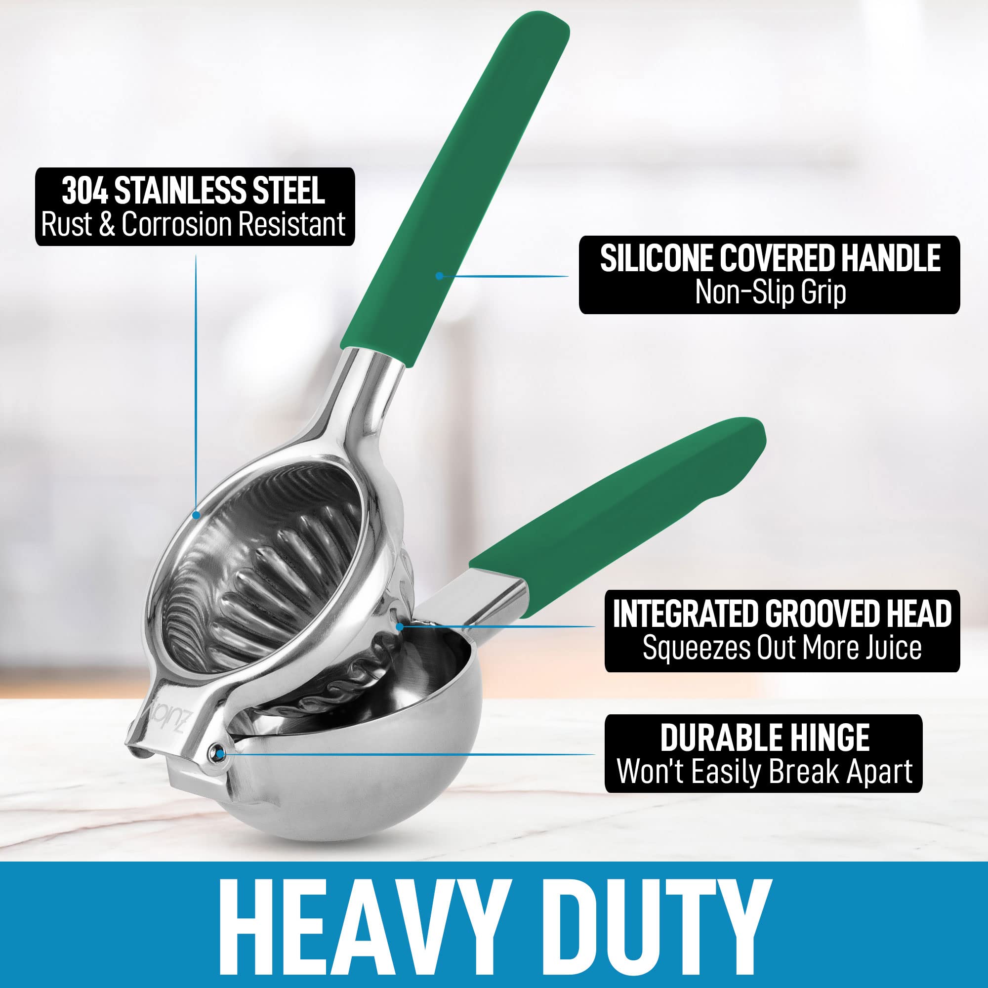 Premium Stainless Steel Lemon Squeezer - Heavy Duty Manual Citrus Juicer with Non-Slip Silicone Handles for Lime, Orange & Grapefruit - Large Metal Lemon Press for Bar, Kitchen & Cocktail Making (Green)