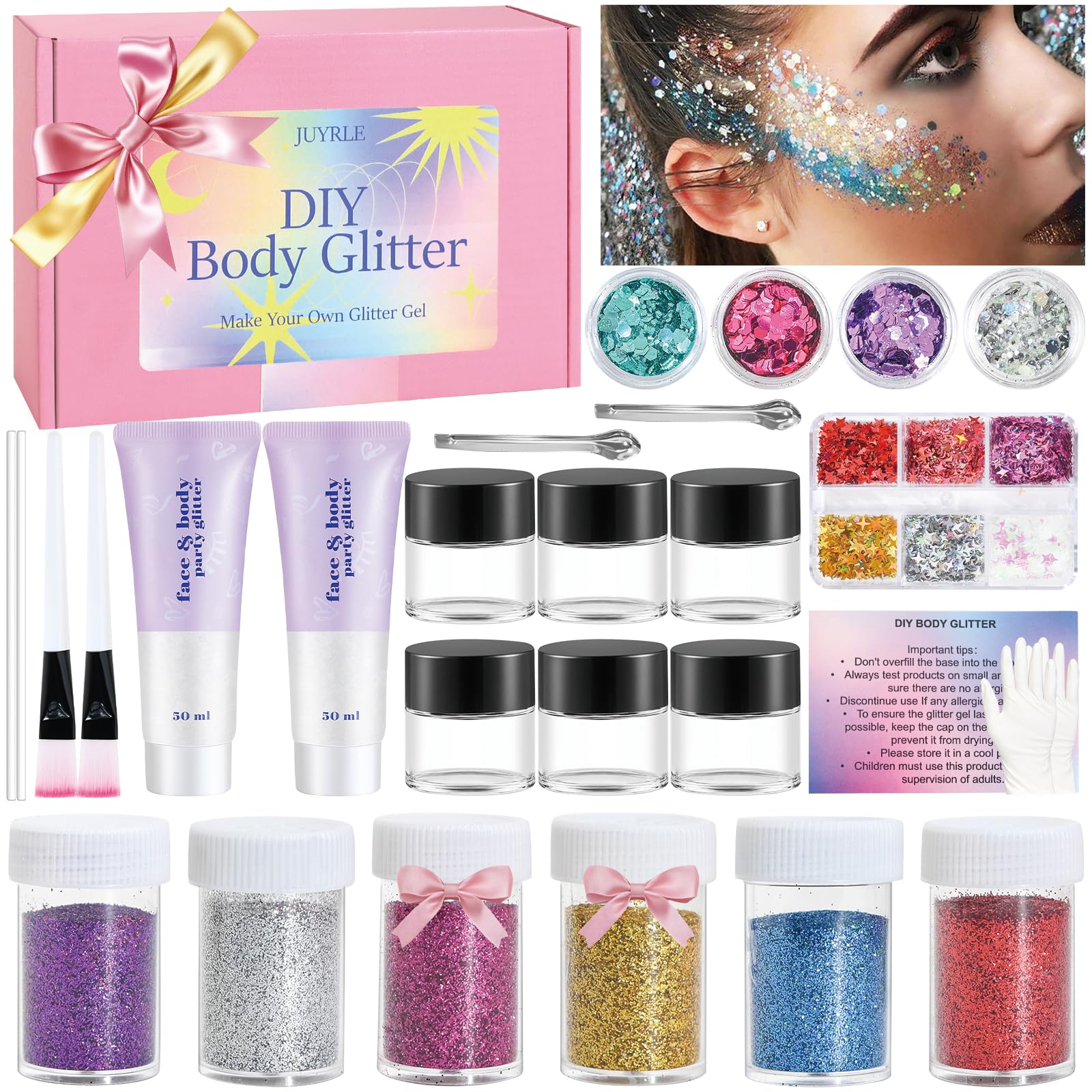 31Pcs DIY Body Glitter Making Kit - Face & Body Glitter Gel, Hair & Eye Glitter with Sequins | Mermaid Makeup Glitter for Women | Perfect for Festival, Rave, Party & Cosplay | Create Custom Glitter Looks for Halloween, Birthday & Special Events