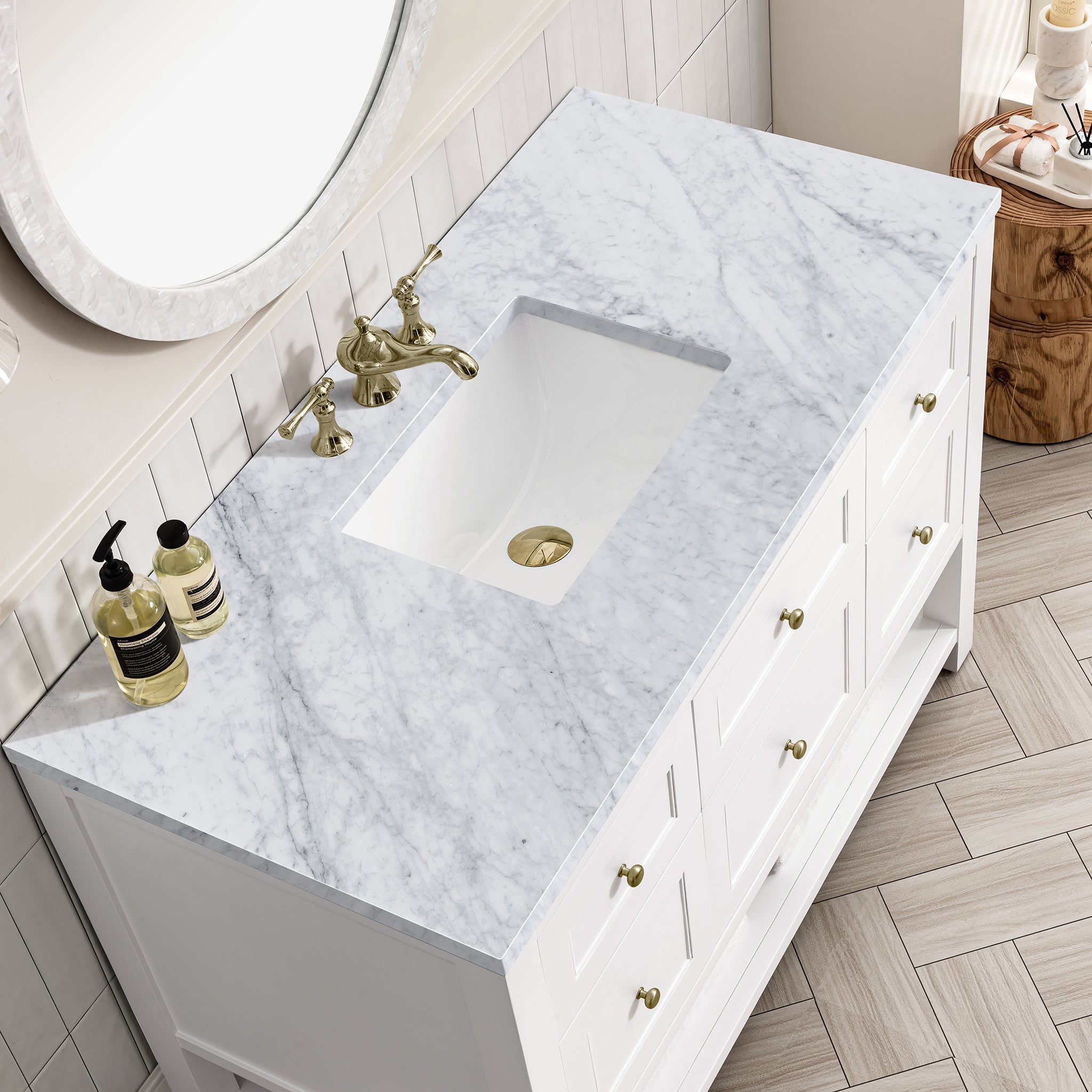 Breckenridge 48 Inch Single Bathroom Vanity Set with 3CM Carrara Marble Top in Bright White - Perfect for Modern Master Bathrooms & Powder Rooms