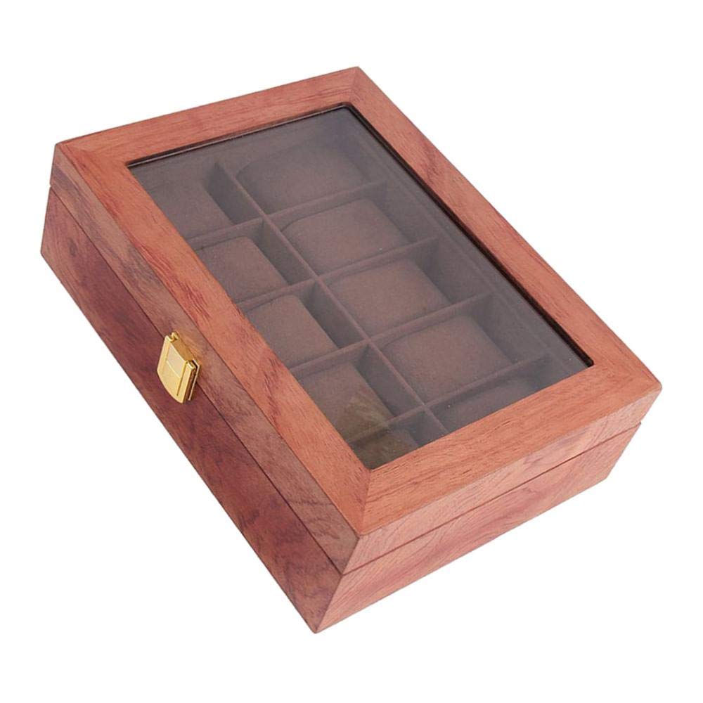 Vintage Wooden Watch Display Case with Clear Lid - Holds 10 Watches, Adjustable Soft Pillows, Red Tone - Perfect for Watch Collectors, Jewelry Storage & Gift Presentation