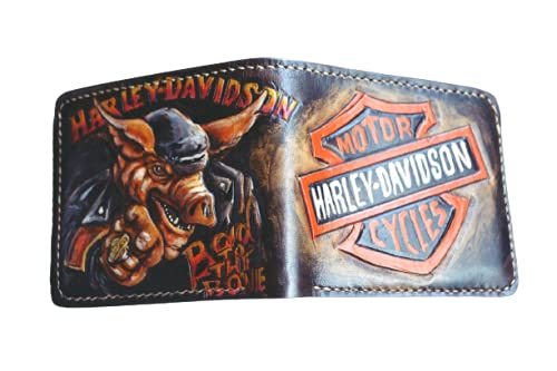 Harley Davidson Inspired 3D Genuine Leather Men's Bifold Wallet - Handmade Carved & Tooled Airbrush Art Custom Personalized Wallet for Motorcycle Enthusiasts | Perfect Gift for Bikers & Fathers Day