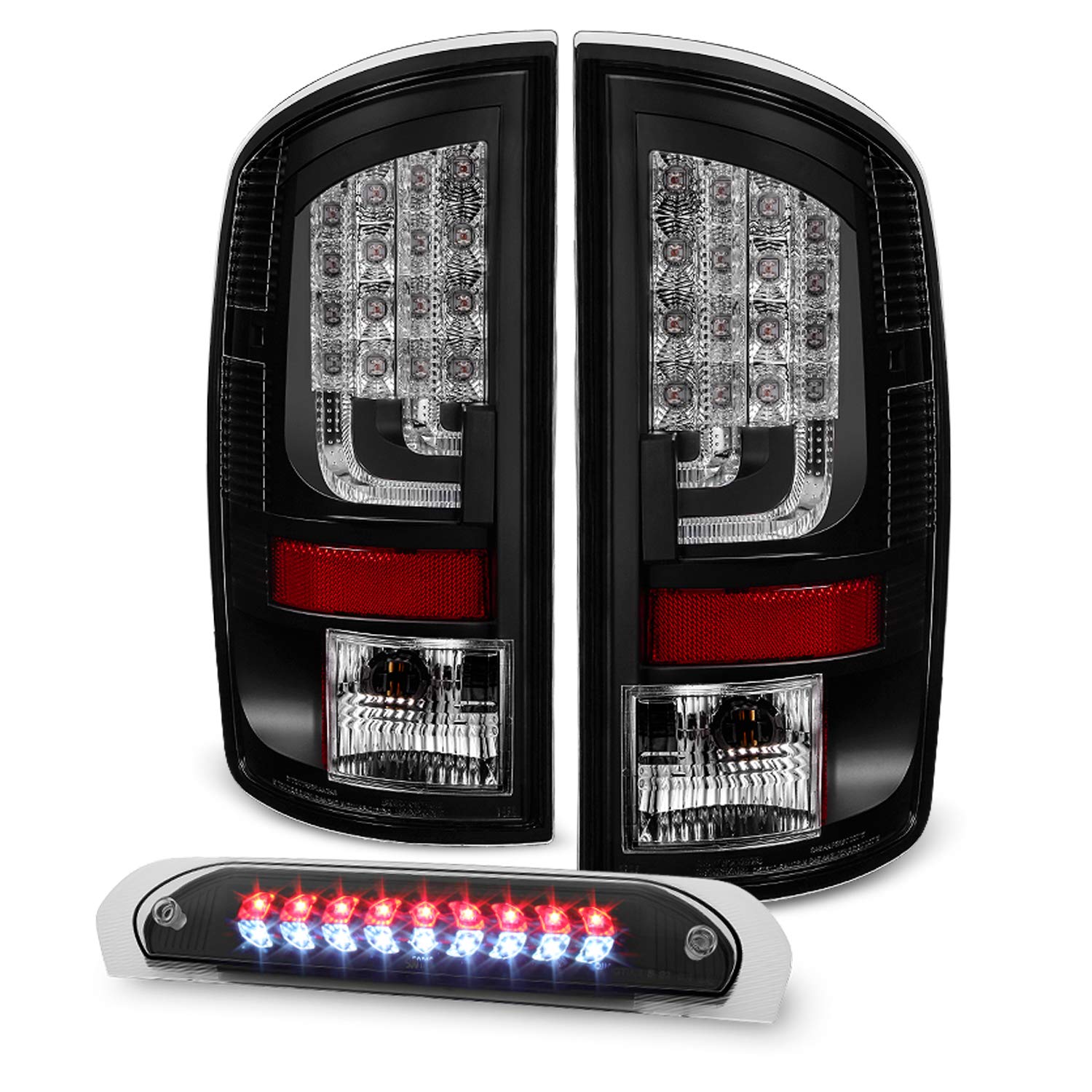 AKKON Black Bezel LED Tail Lights + LED 3rd Brake Light for 2002-2006 Dodge Ram 1500/2500/3500 - Durable Replacement with Bright LED Lights for Enhanced Safety & Style | Perfect for Off-Roading, Truck Upgrades & Night Driving