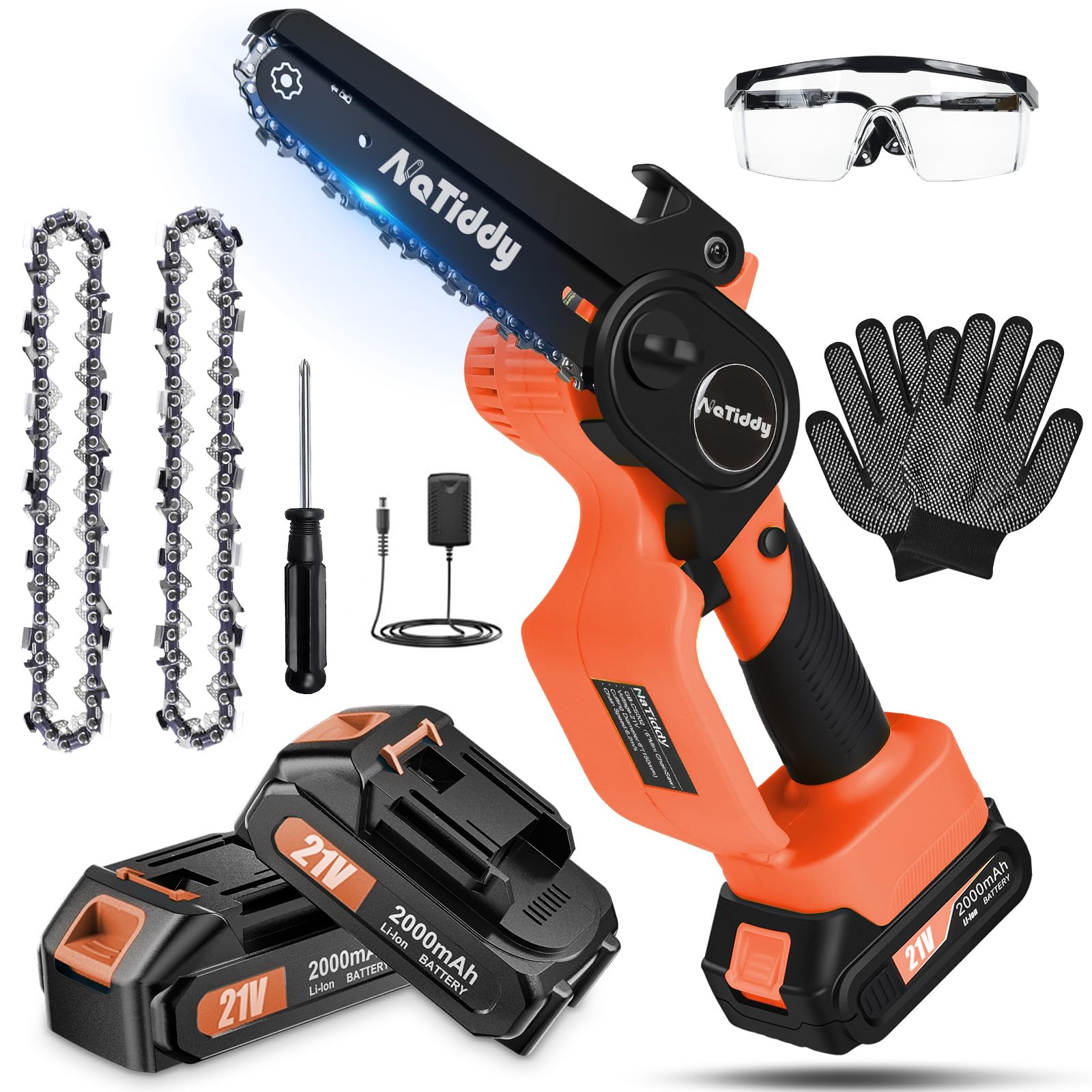 6-Inch Cordless Mini Chainsaw with 2 Batteries & Chains - Battery Powered Electric Hand Saw for Wood Cutting, Tree Trimming, Branch Pruning & Yard Maintenance (Orange) - Perfect for DIY Projects, Gardening & Outdoor Landscaping