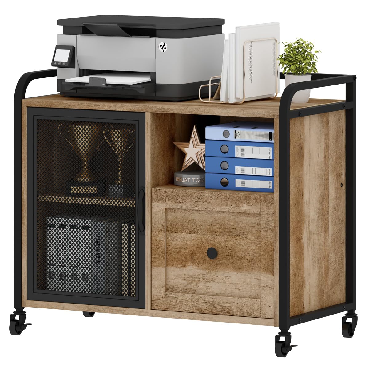 BON AUGURE Vintage Oak Lateral File Cabinet for Home Office - Letter/A4 Size Filing Drawer, Mobile Printer Stand with Open Storage - Perfect for Organizing Documents, Office Supplies & Workspace Essentials