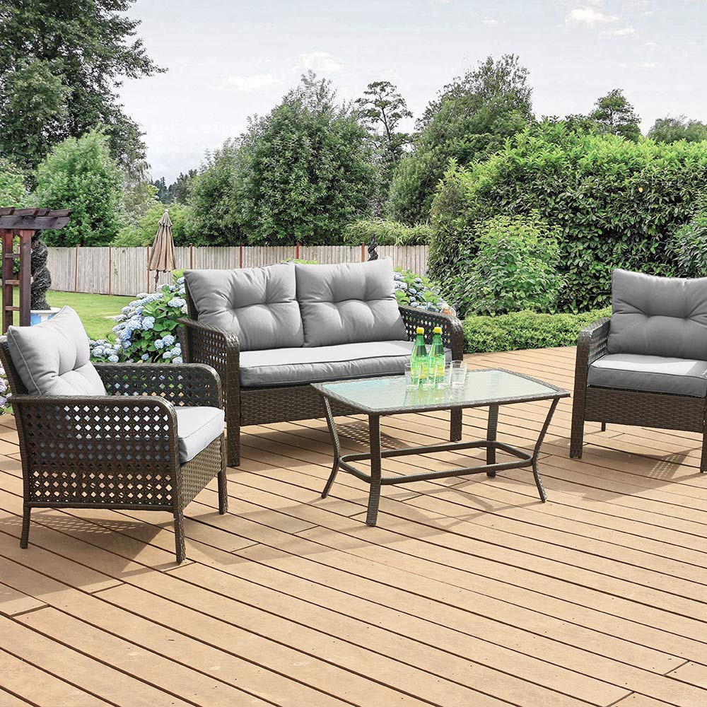 4-Piece Outdoor Patio Furniture Set - Wicker Conversation Sofa Set with Coffee Table, Grey Sectional Couch for Garden, Porch, Balcony & Deck - Perfect for Relaxing, Entertaining & Outdoor Dining
