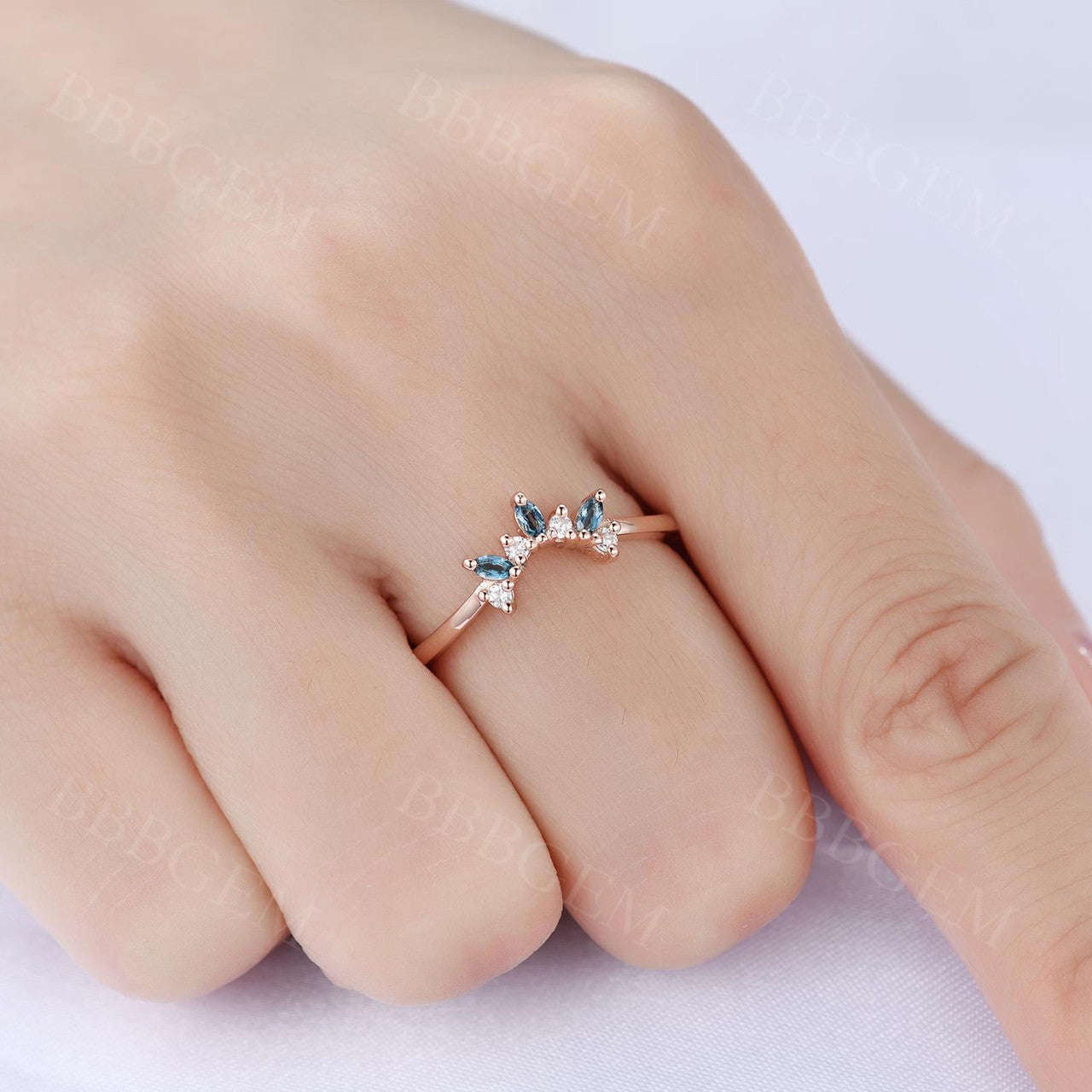 Marquise Shaped London Blue Topaz Curved Wedding Band in Rose Gold - Perfect for Engagement Rings, Anniversary Gifts & Bridal Jewelry Sets