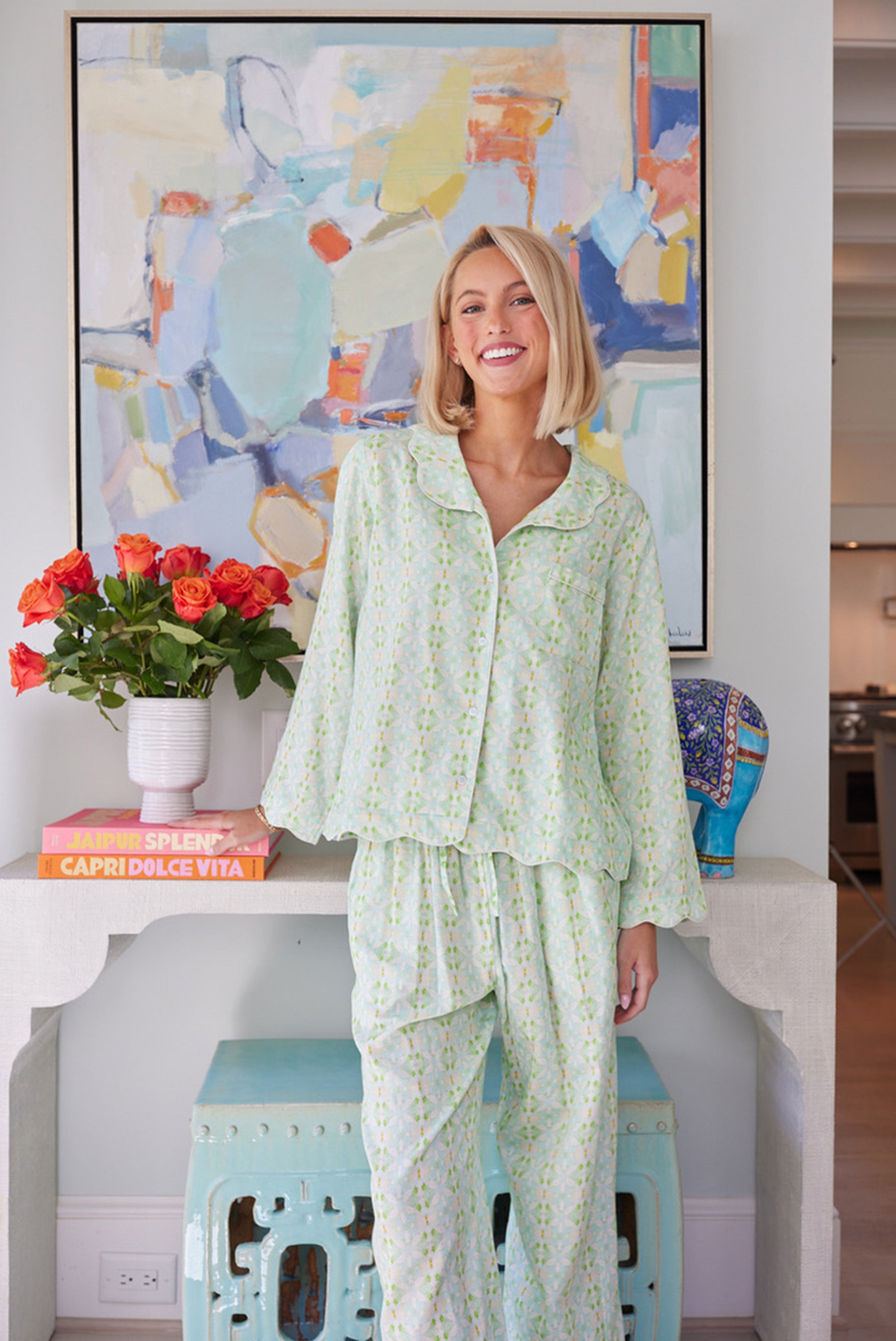 Soft Scalloped Pajama Set for Women - Long Sleeve Comfortable Sleepwear with Elephant Print | Perfect for Cozy Nights, Loungewear & Gift Giving