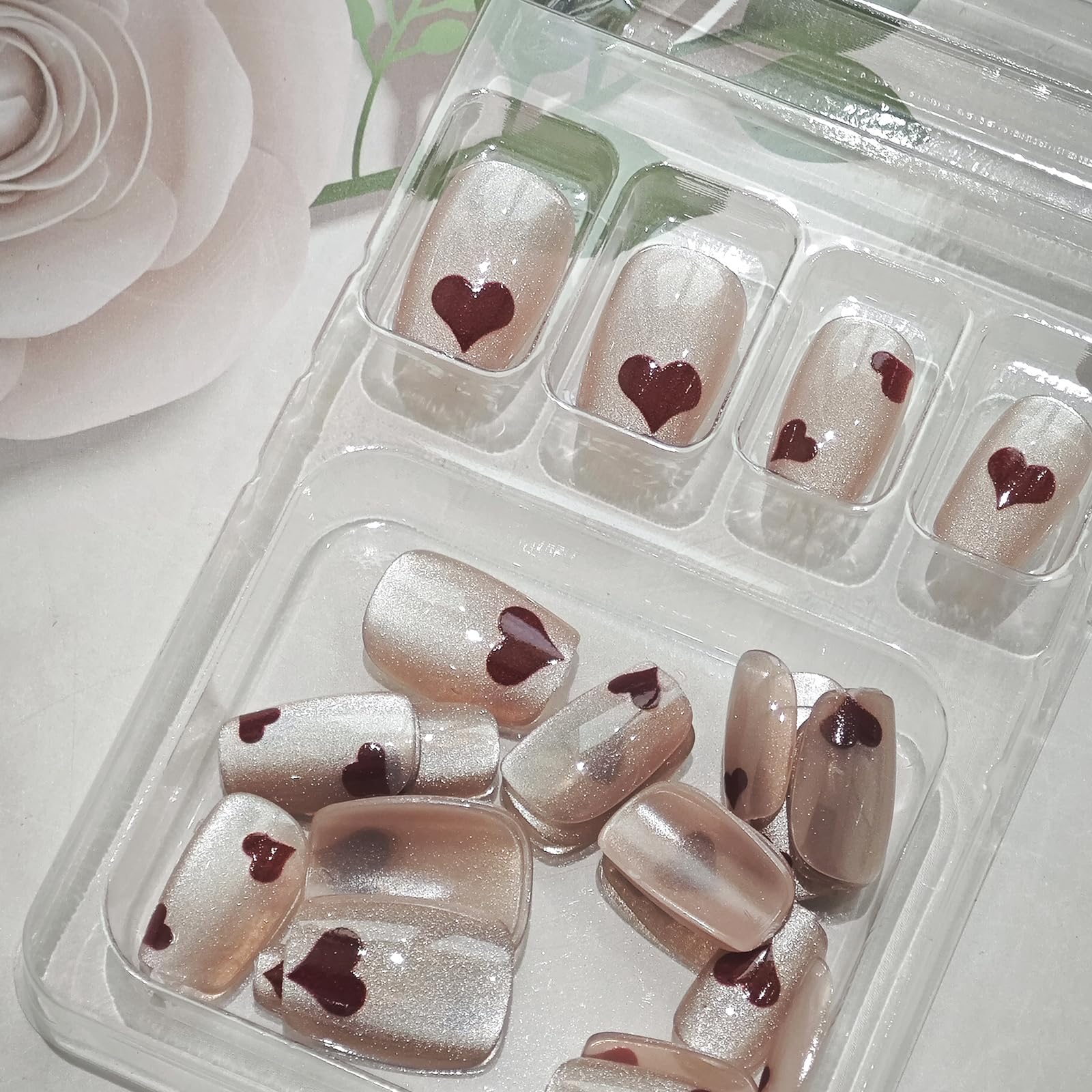 Valentine's Day Press on Nails - 24Pcs White Acrylic False Nails with Red Heart Designs, Short Square Full Cover Glossy Nails for Women & Girls | Perfect for Date Night, Parties & Special Occasions