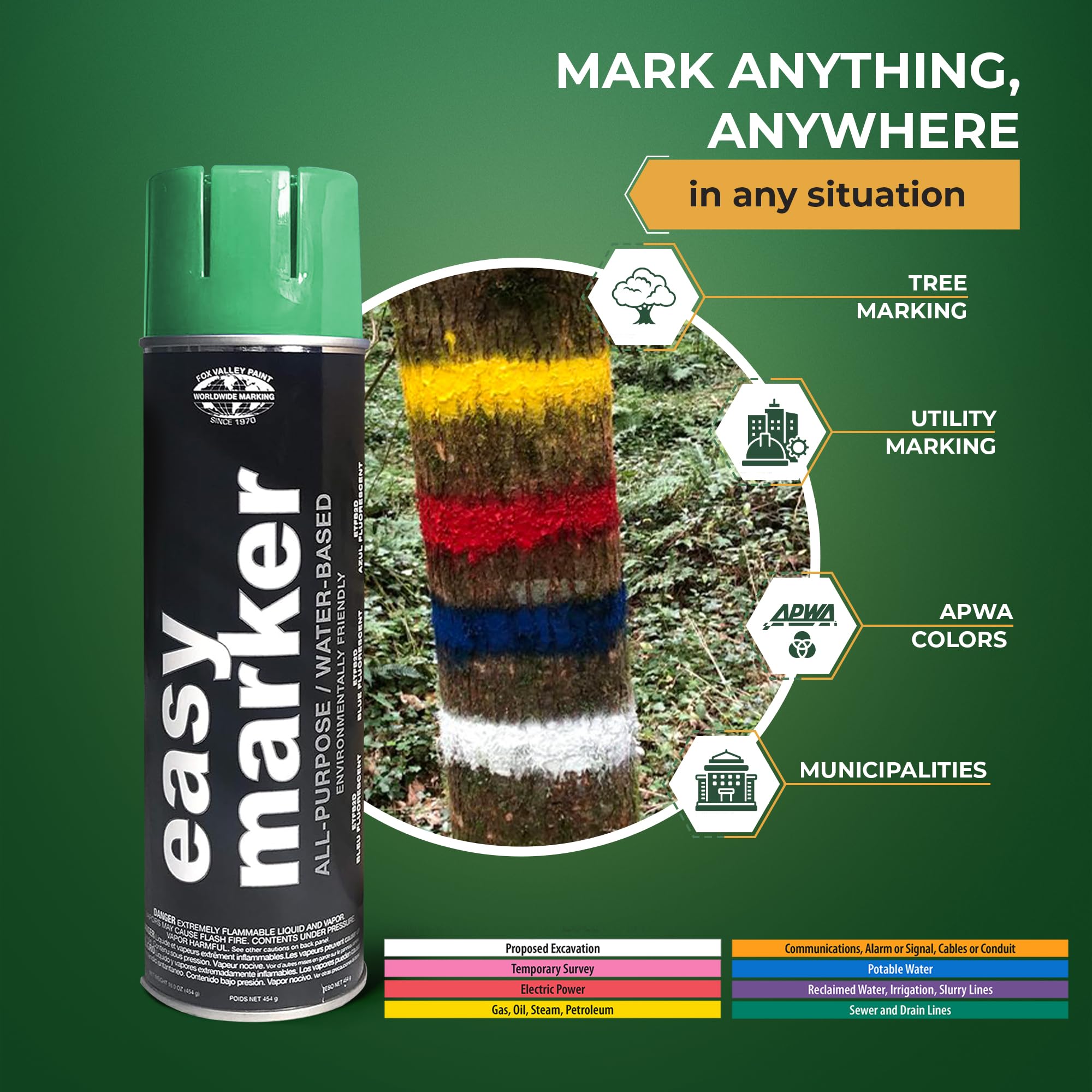 Fox Valley Easy Marker Inverted Utility Marking Spray Paint - 18 oz (Pack of 12), Green APWA - Grass, Tree & Parking Lot Marking Paint for Landscaping, Construction & Road Maintenance