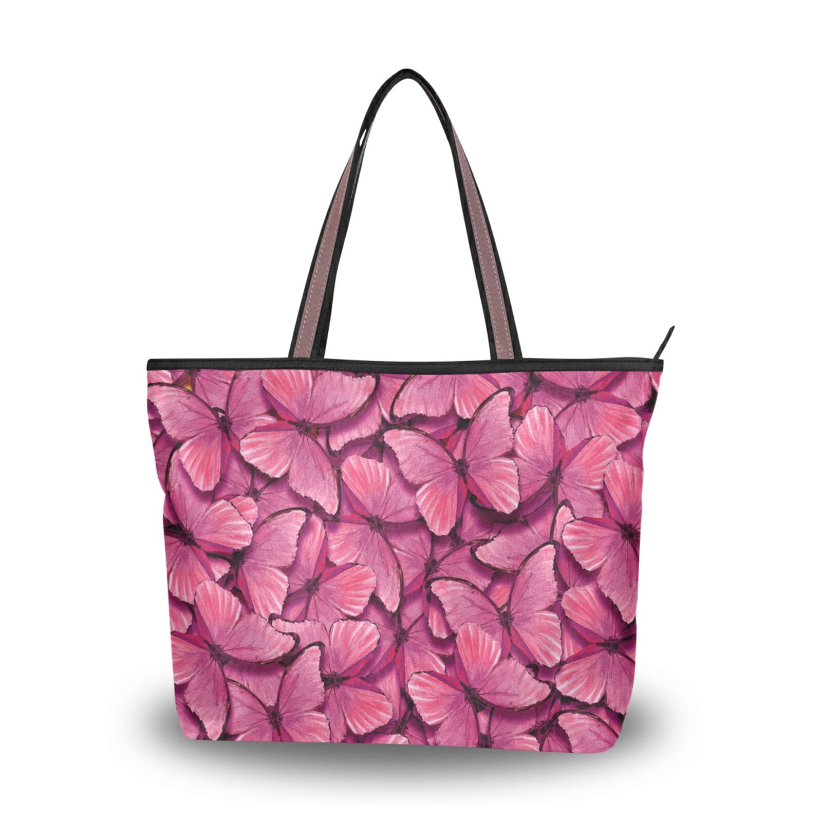 ALAZA Pink Butterfly Seamless Zipper Tote Bag - Reusable Women's Shoulder Handbag for Travel, Beach, Shopping & Daily Use | Fashionable Ladies Purse with Secure Zipper Closure