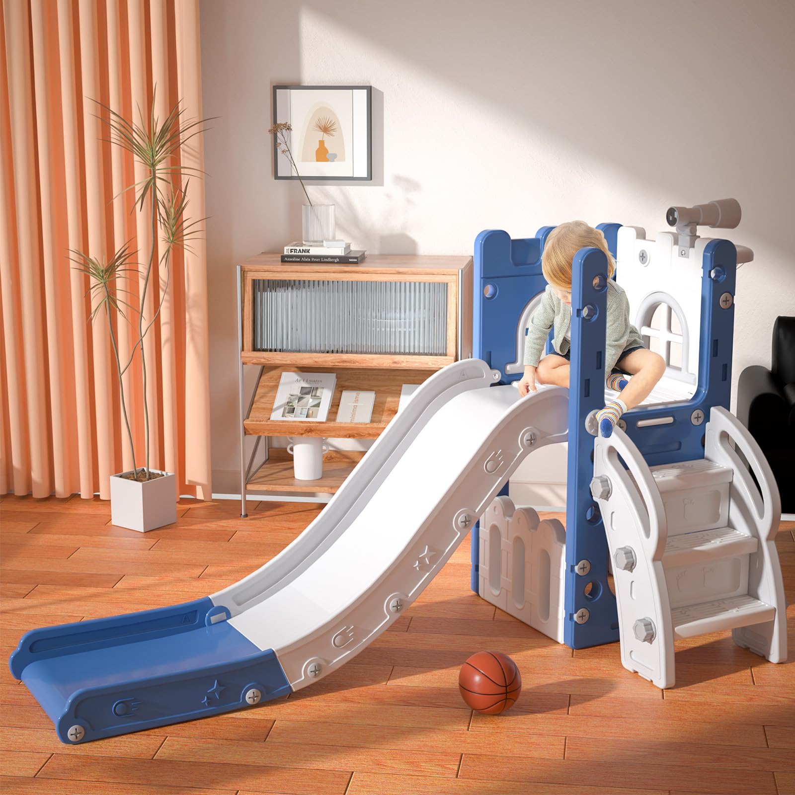MOCUTEEN 6-in-1 Toddler Slide & Playset - Indoor/Outdoor Baby Playground with Basketball Hoop, Storage Bin & Telescope - Climbing Toys for Kids Ages 1-3 - Perfect for Backyard, Park & Daycare Play Areas