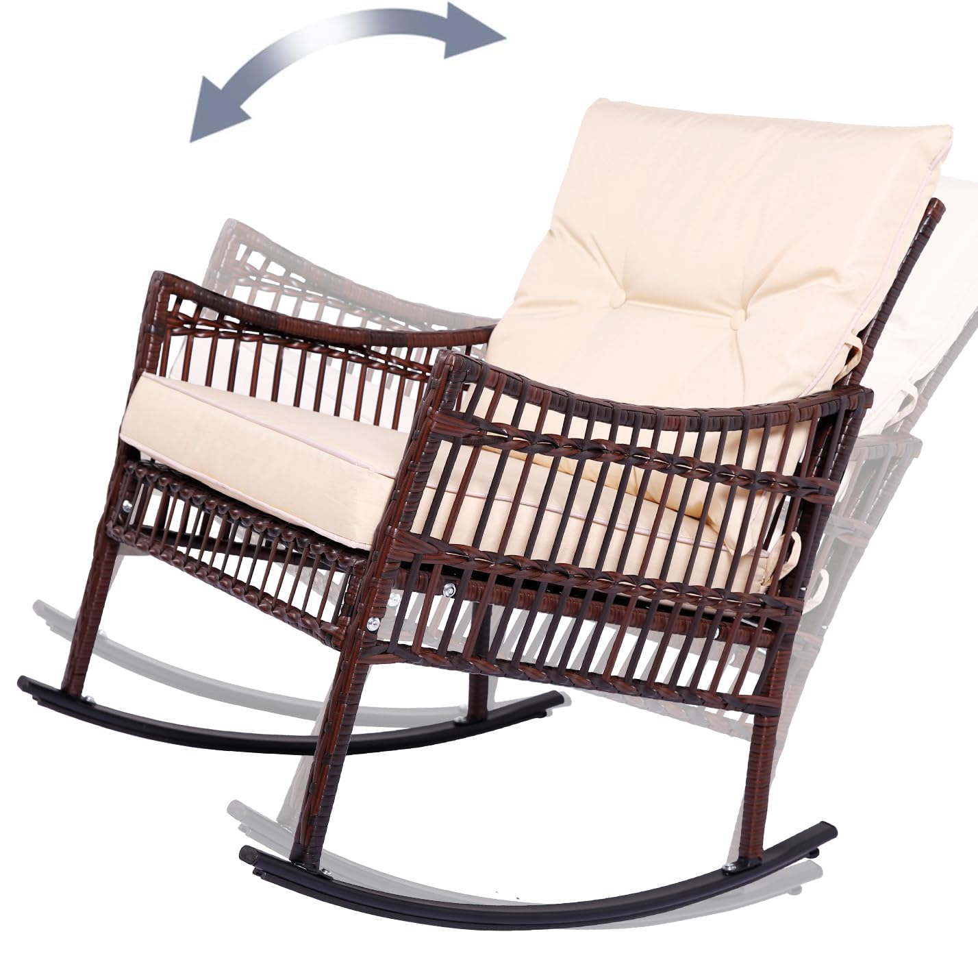 DECMICO 3-Piece Outdoor Patio Furniture Set - Wicker Rocking Chairs with Coffee Table, Rattan Bistro Set for Garden, Balcony, and Backyard - Brown Beige Cushion - Perfect for Relaxing, Entertaining, and Outdoor Dining
