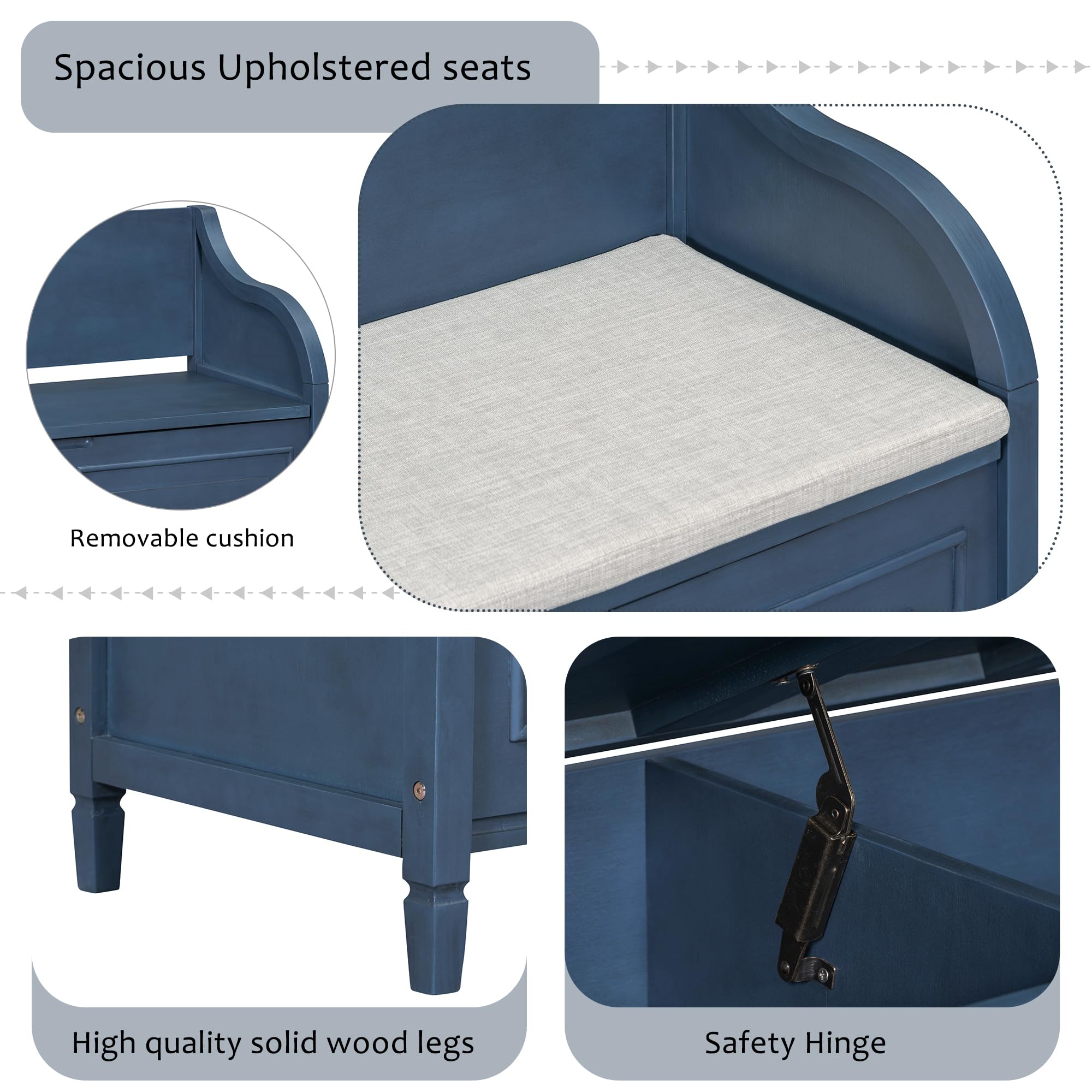 Merax Storage Bench with Safety Hinge - Shoe Bench with Backrest & Removable Cushion - Entryway, Living Room, Bedroom Furniture - Antique Navy & Beige - Perfect for Small Spaces, Hallway Organization & Home Decor
