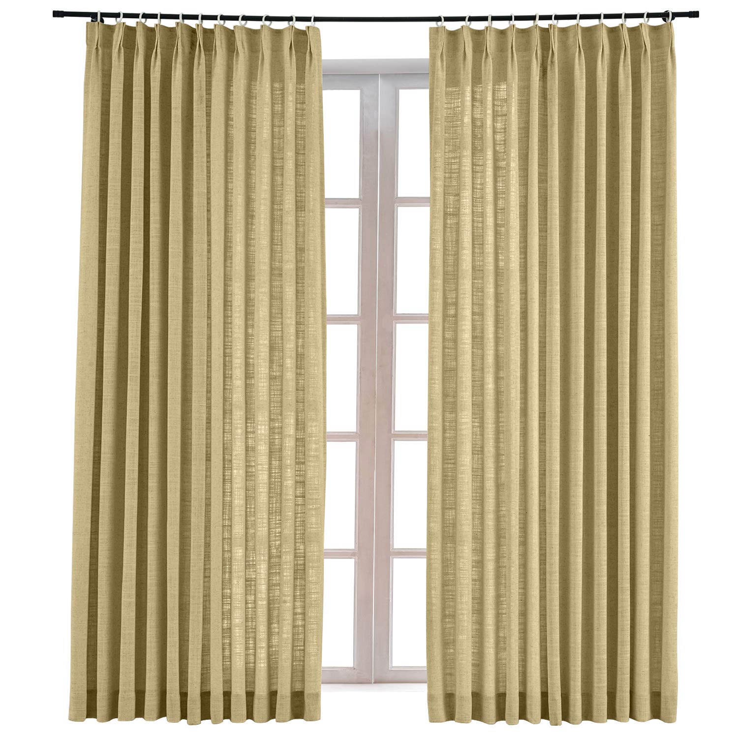 Drapifytex Pinch Pleat Curtains - Khaki Yellow Faux Linen Window Drapes (150