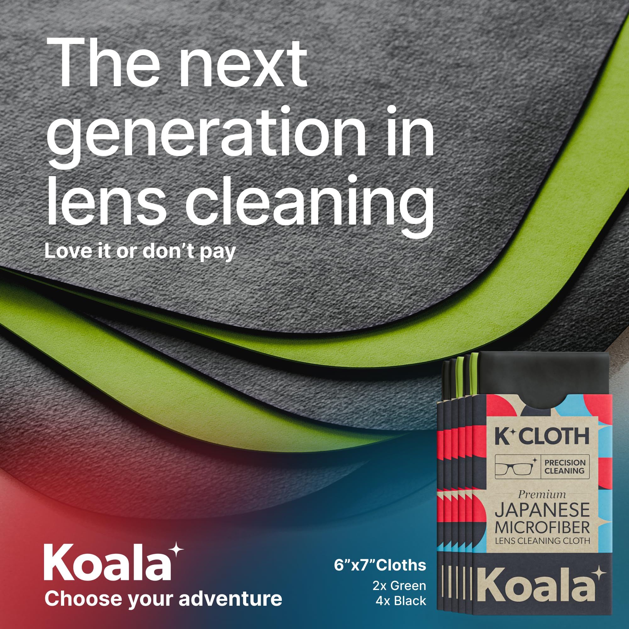 Premium Koala Lens Cleaning Cloth - Japanese Ultra-Soft Microfiber for Glasses, Eyeglasses, Camera Lenses, VR/AR Headsets & Screens - Anti-Scratch & Streak-Free - Perfect for Home, Office & Travel (6-Pack, Black & Green)