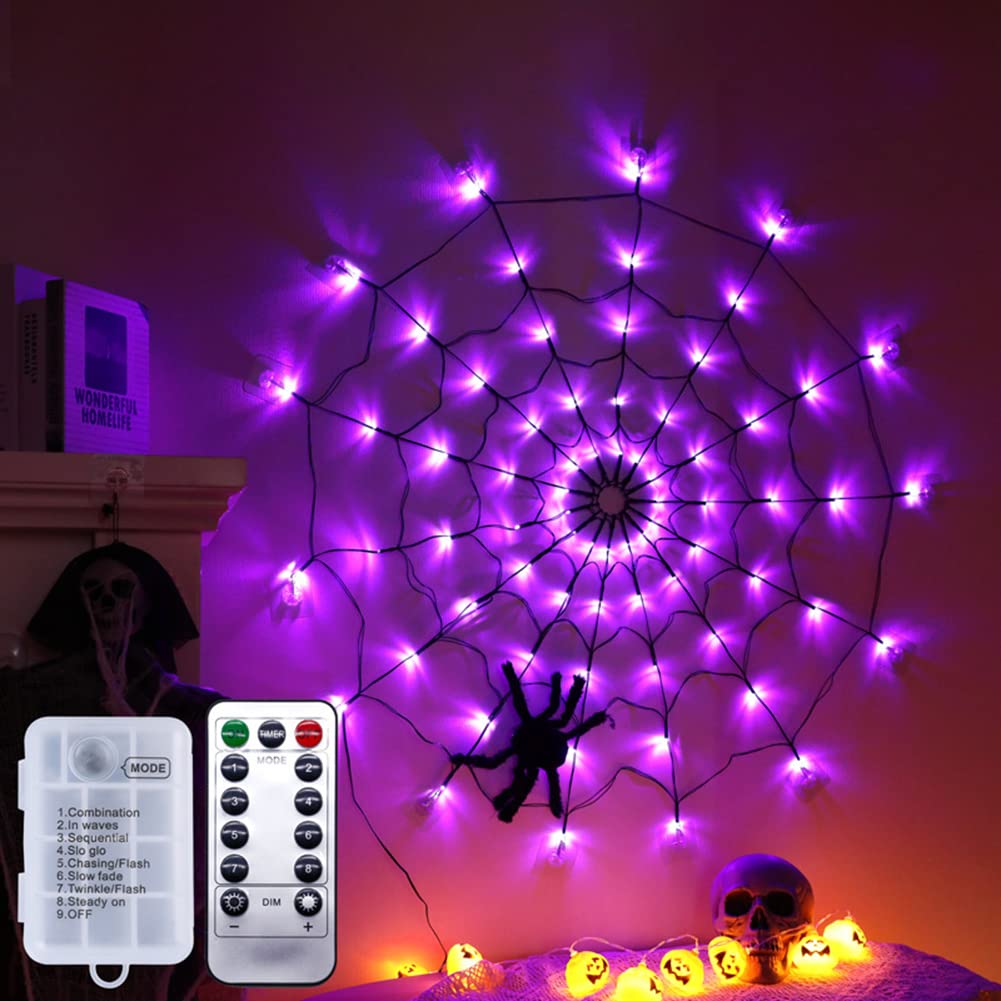 **Giant Spider Web LED Lights - Halloween Decorations with Black Spider - Waterproof Warm White, Purple & Orange Net Lights for Indoor & Outdoor - Perfect for House, Yard, Garden & Party Scary Halloween Decor**