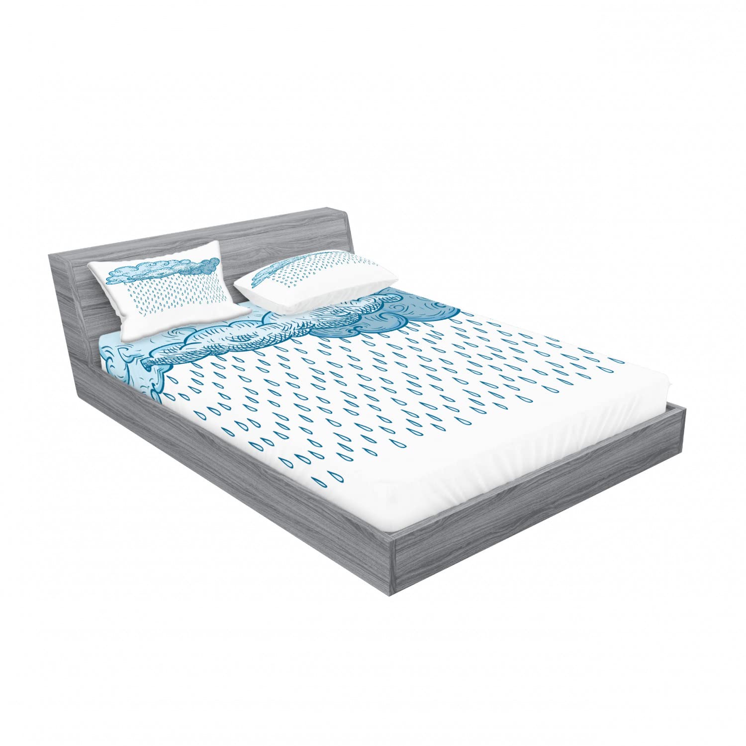 Ambesonne 2-Piece Queen Size Fitted Sheet Set with 4 Pillow Shams - Blue Rain Cloud Sketch Design | Soft Bedding Collection for Fall & Winter | Perfect for Guest Rooms, Vacation Homes & Cozy Bedroom Decor