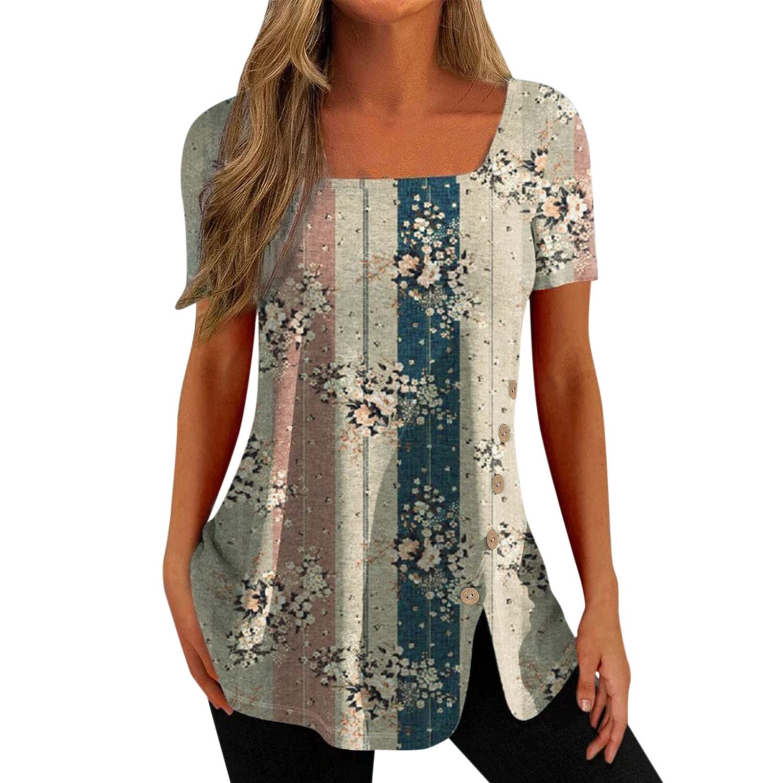 Women's Fashion T-Shirts & Tops - Comfortable Square Neck Printed White Tunic Blouse for Casual Wear, Office & Summer Outfits