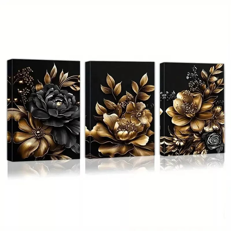 3-Piece Golden and Black Floral Art Canvas Set - Framed Wall Decor 50x70cm - High Quality Print - Australian Made - Ready to Hang - Perfect for Living Room, Bedroom & Office Decor