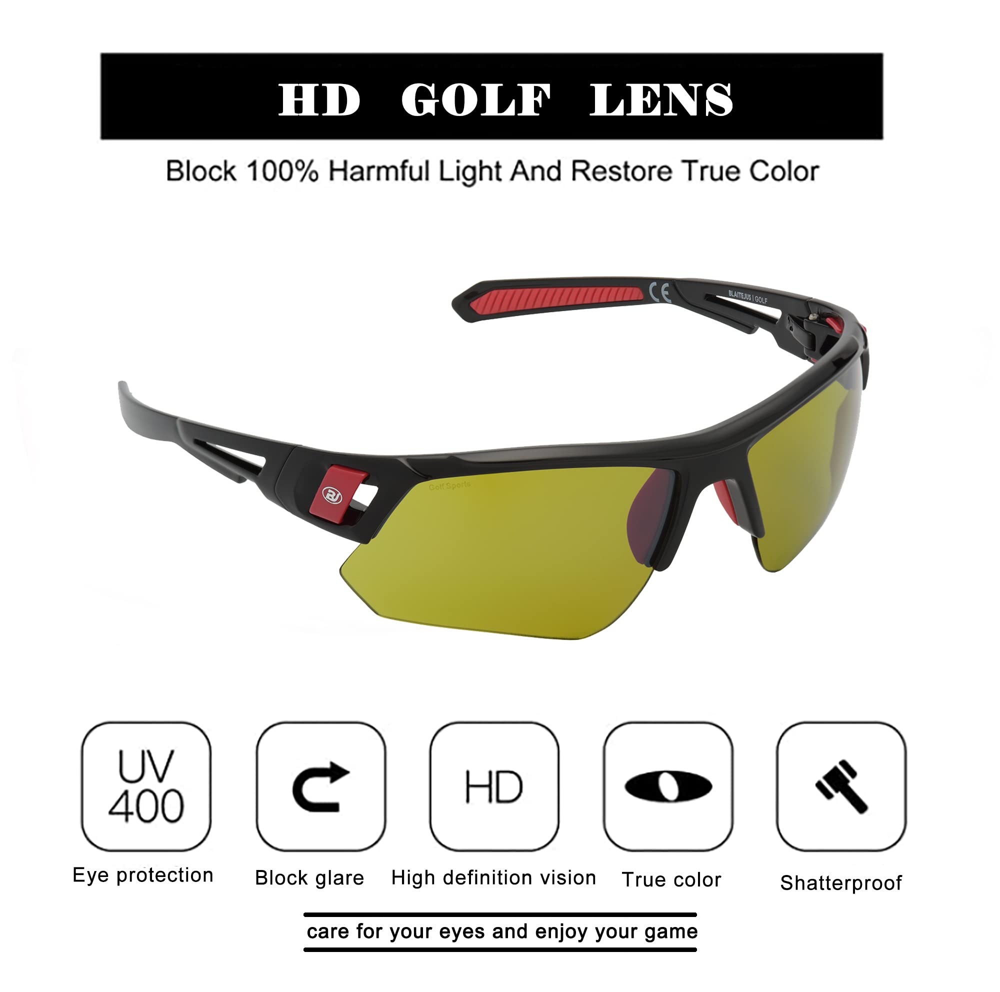 BLAITEJUS Golf Sunglasses for Men & Women - UV400 Protection Wrap Sports Sunglasses with Semi-Rimless Design - Perfect for Golfing, Running, Cycling & Outdoor Activities