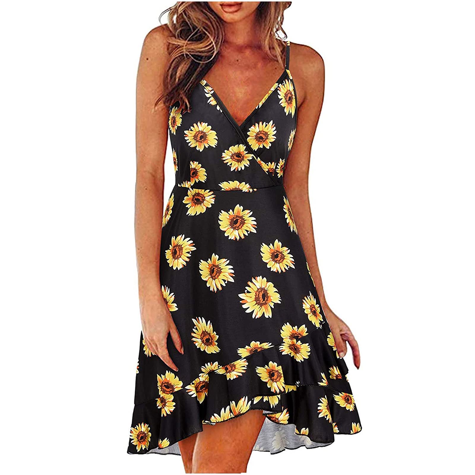 TARIENDY Women's V-Neck Sleeveless Flowy Swing Dress with Ruffle Hem - Floral Print Summer Mini Dress for Beach, Party & Casual Wear