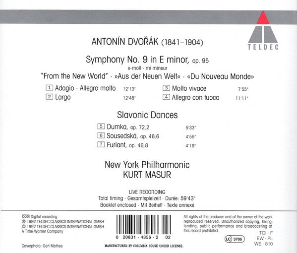 Antonín Dvořák Symphony No. 9 & Slavonic Dances CD - New York Philharmonic, Kurt Masur (NM/M Condition) - Perfect for Classical Music Lovers & Audiophiles