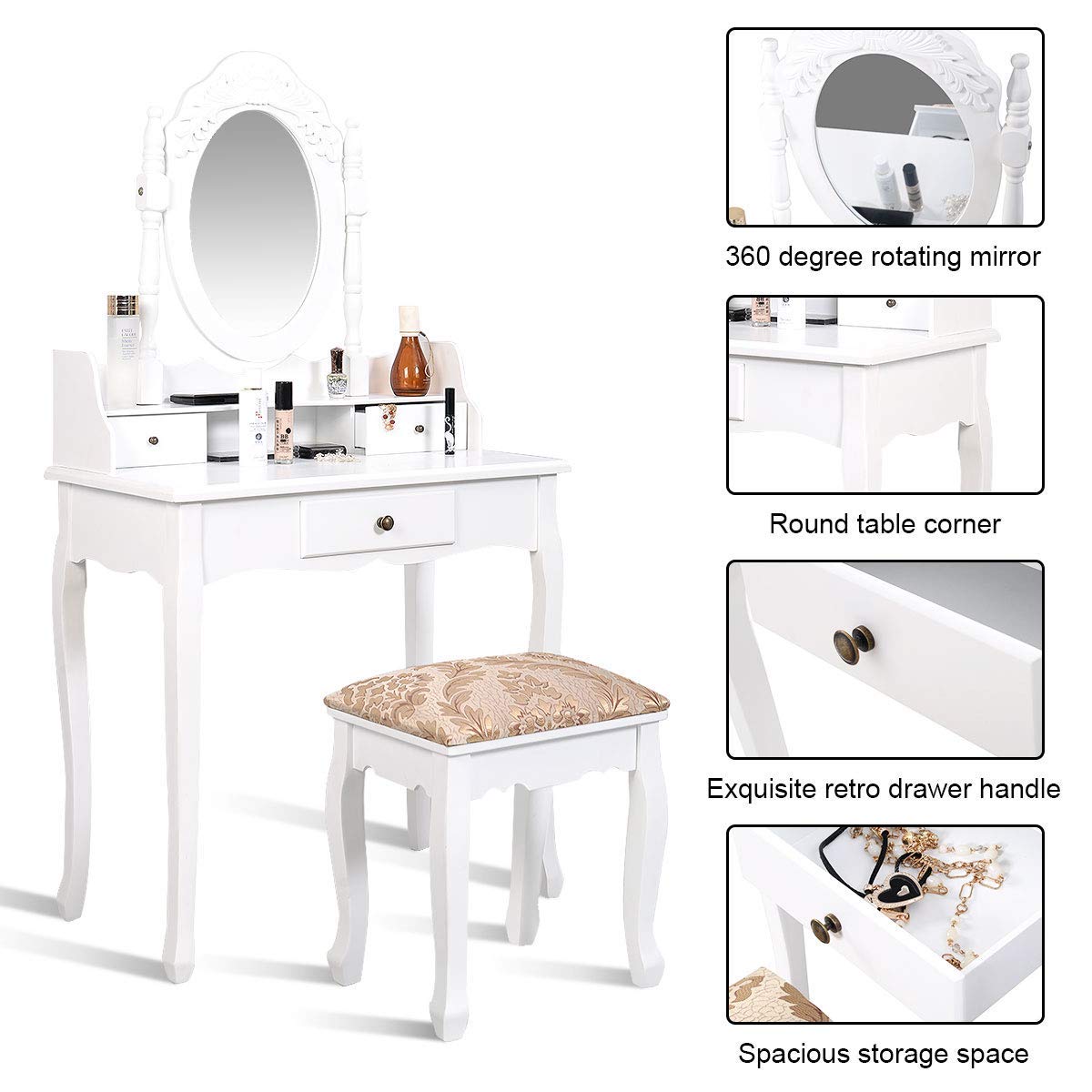 Vanity Table Set with Oval Mirror & 3 Drawers - White Wooden Makeup Dressing Desk with Removable Top | Perfect for Bedroom, Dorm Room & Beauty Salon Organization