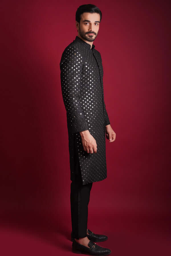 Stylish Jet Black Mirror Work Sherwani for Men - Elegant Indian Wedding & Festive Attire - Perfect for Grooms, Parties & Cultural Events