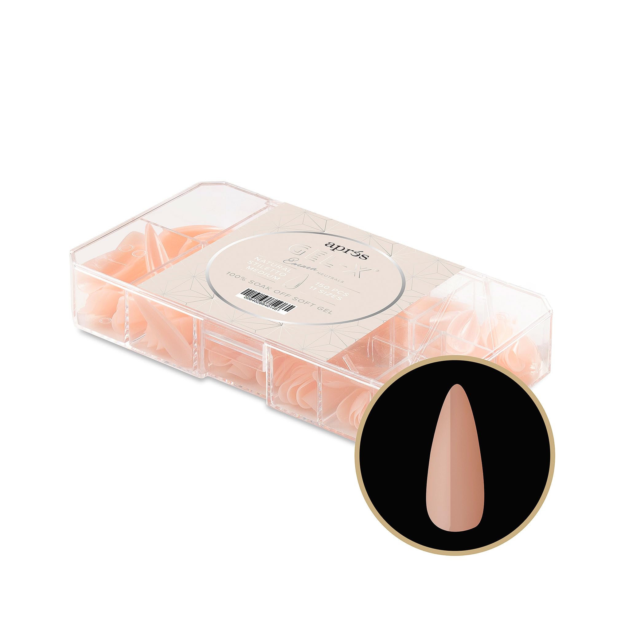 Apres Gel-X Emma Box of 150 Soft Gel Nail Tips - 11 Sizes (00-9) - Natural Stiletto Medium Length for Salon & Home Manicures | Perfect for Professional Nail Artists & DIY Nail Enthusiasts