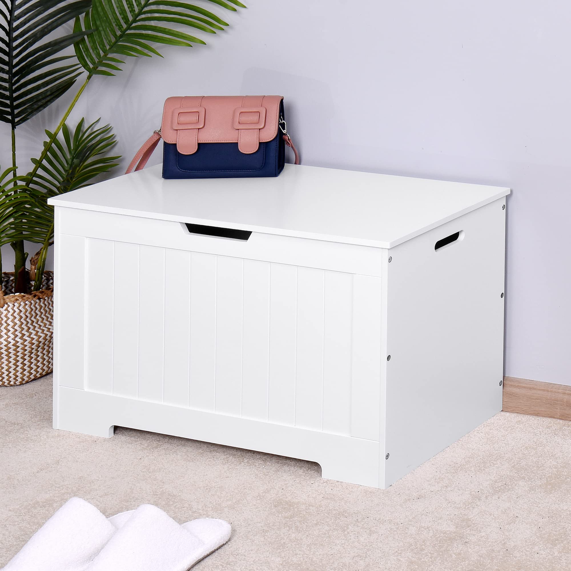 White Lift Top Entryway Storage Bench with 2 Safety Hinges - Wooden Toy Box & Shoe Storage Organizer for Living Room, Bedroom, Nursery & Hallway