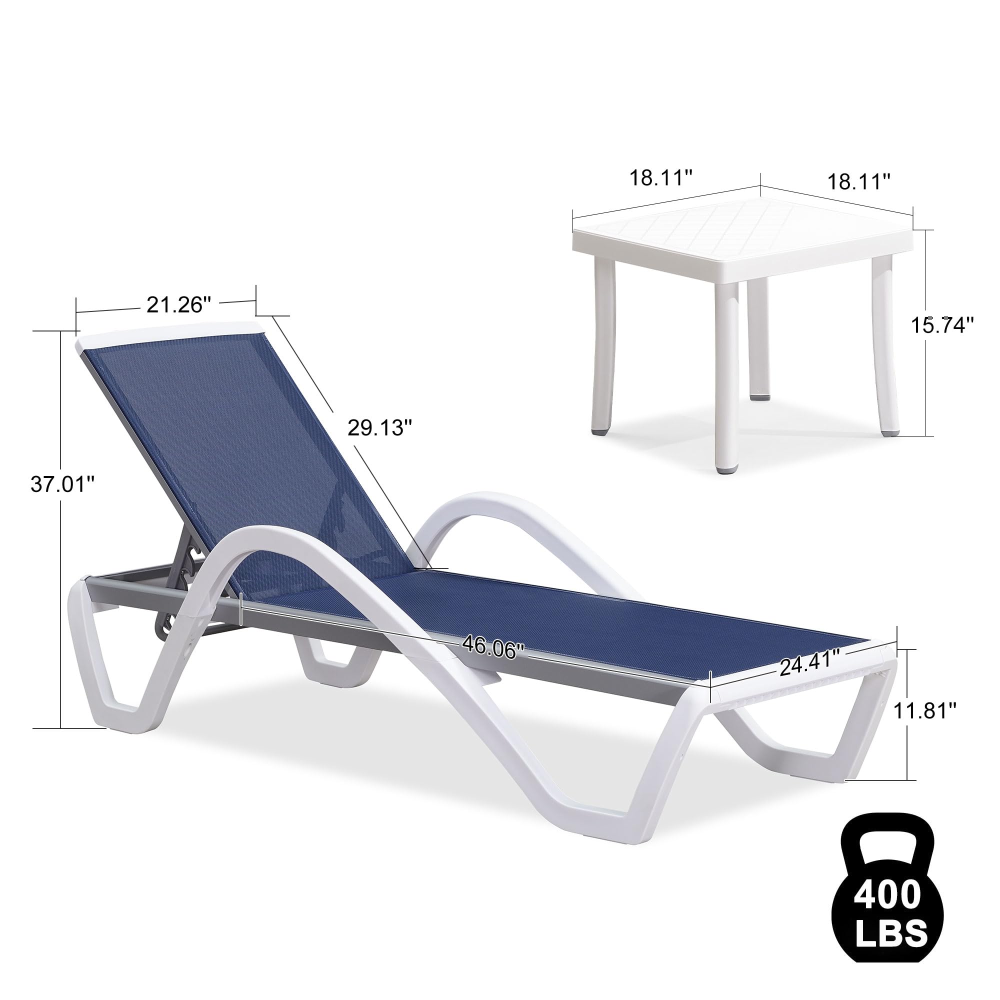 PURPLE LEAF 3-Piece Patio Chaise Lounge Chair Set - Aluminum & Plastic Stackable Sun Loungers with Armrests & Side Table - Navy Blue Outdoor Tanning Chairs for Pool, Beach, Deck & Backyard Relaxation