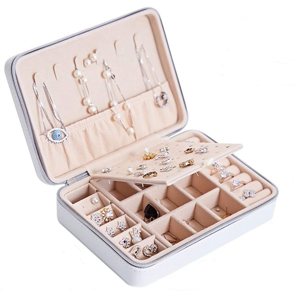 Leather Jewelry Organizer Box - PU Travel Jewelry Case for Necklace, Bracelet, Earrings - Portable Zippered Storage with Gift Box (White) | Perfect for Travel, Home Display & Gift Giving