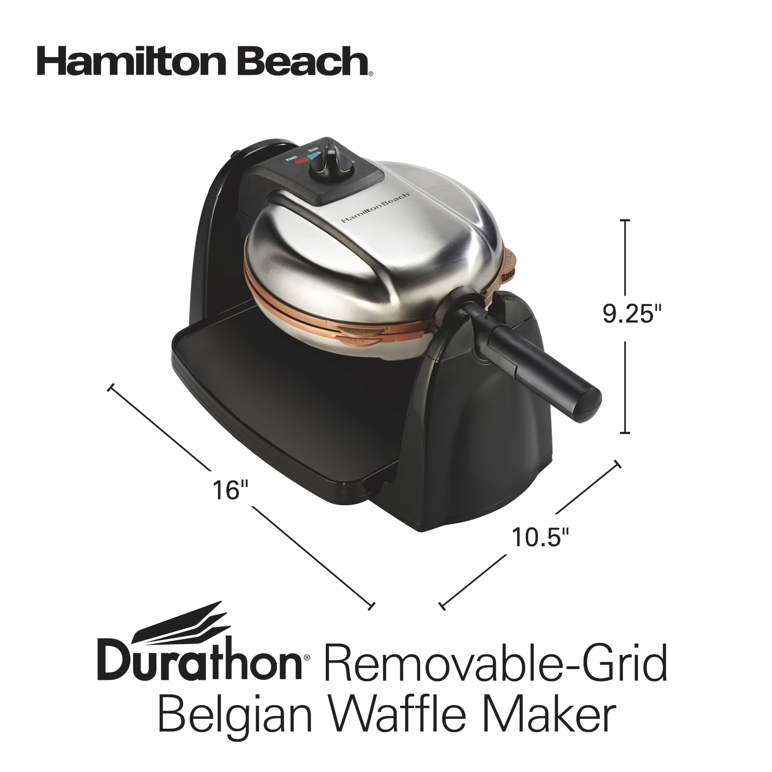 Hamilton Beach 26031 Belgian Waffle Maker - Removable Nonstick Plates, Single Flip, Ceramic Grids, Black - Perfect for Breakfast, Brunch & Family Gatherings