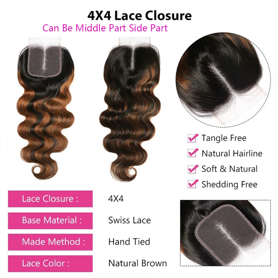 Beauty Forever #FB30 Highlight Brazilian Body Wave 3 Bundles Human Hair Extensions with 4x4 Lace Closure - Ombre Balayage Piano Color Virgin Hair for Natural Look | Perfect for Daily Styling, Special Occasions & Salon Use