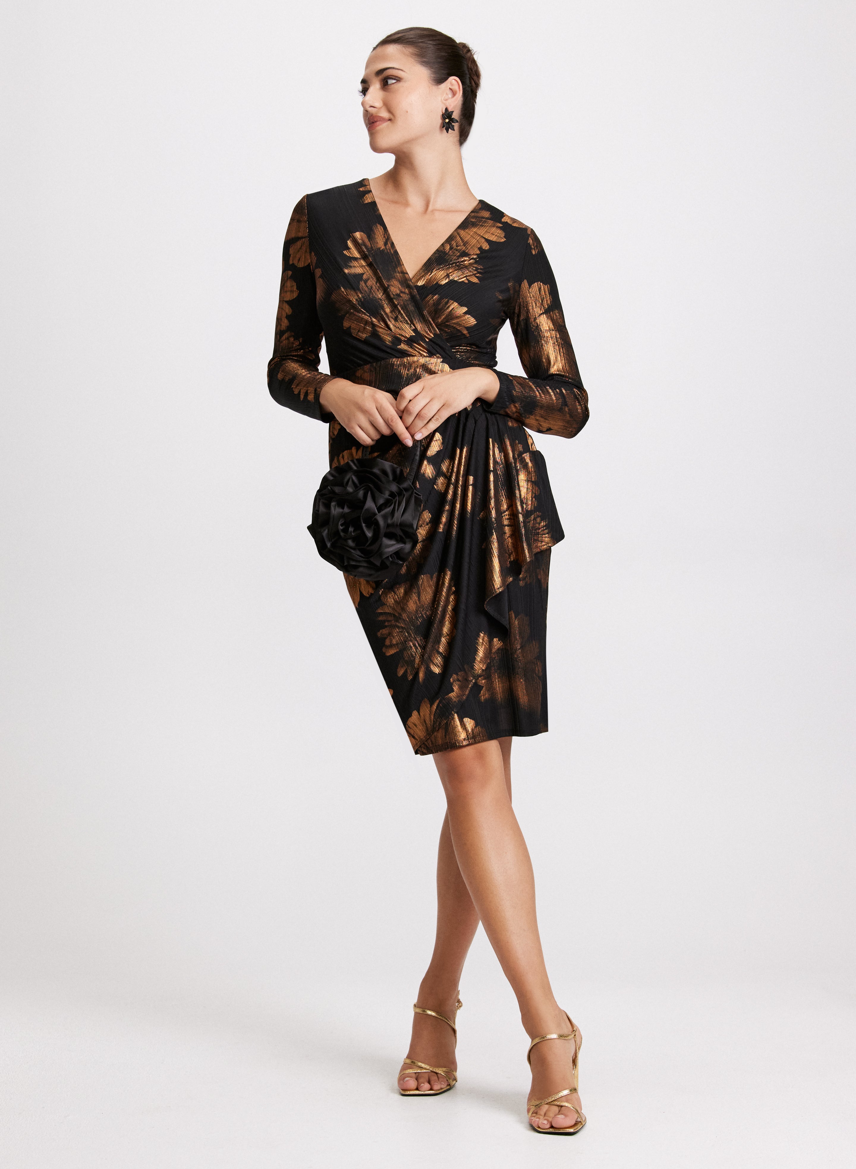 Elegant Floral Print Dress with Metallic Details - Perfect for Weddings, Parties & Special Occasions
