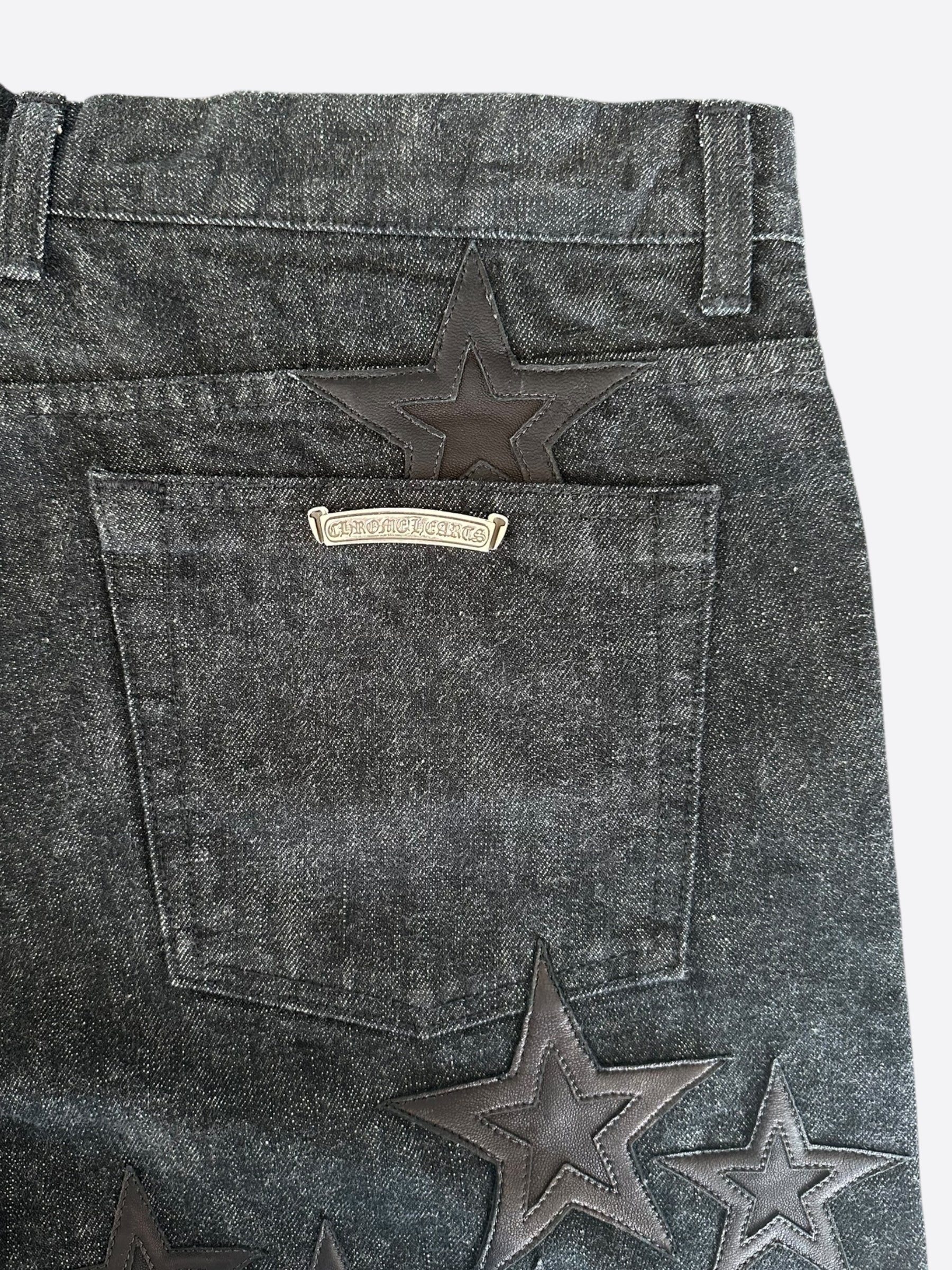 Chrome Hearts Grey & Black Star Patch Distressed Denim Jeans for Men - Edgy Streetwear & Casual Style | Perfect for Concerts, Parties & Urban Fashion